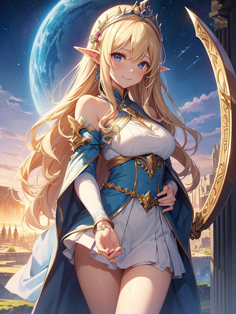 highest quality、Highest image quality、masterpiece、、Beautiful super beautiful elf beauty((22 years old OL big bust、bust 90,beautiful long ironed hair、blonde、、slender、Close-up、Esbian、beautiful tiara、High quality、beautiful art、background((clear sky)))muste piece、visual art、Depth of bounds written、low angle of morning sky、、elf ears、、magic of light、space knight、harp melody🎵、A happy smile、gentle light、、Beautiful legs that are gentle on the skin、、back view ticker beautiful decorative、elegant、mystical　rosa、　, beautiful dressy、beautiful dress、、、Lord of the Ring、Final Fantasy、magnificent town、friendly smile、、fantasy art、gothic、Byzantine、Panoramic landscape、pre PAFFAELLs art
