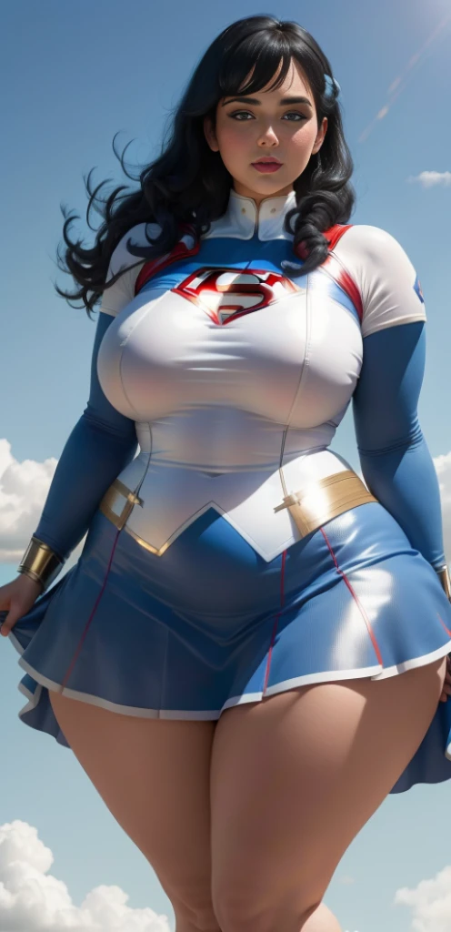 "An ultra-detailed 8k masterpiece of better quality and high saturation well focused. The image features an outfit illustration featuring a stunning plus size European woman wearing a super tight sexy white and blue supergirl mini skirt costume, including a blue background, long legs, black hair, (MILF:1.3)."