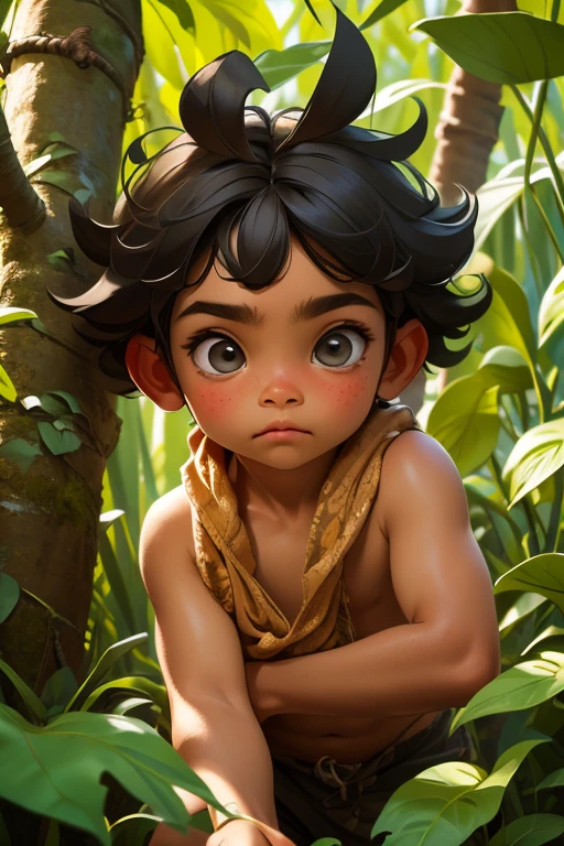obra de arte, alta qualidade, 1 menino, , correndo, 10 anos, olhos castanhos, floresta, com animais, aspecto neanderthal