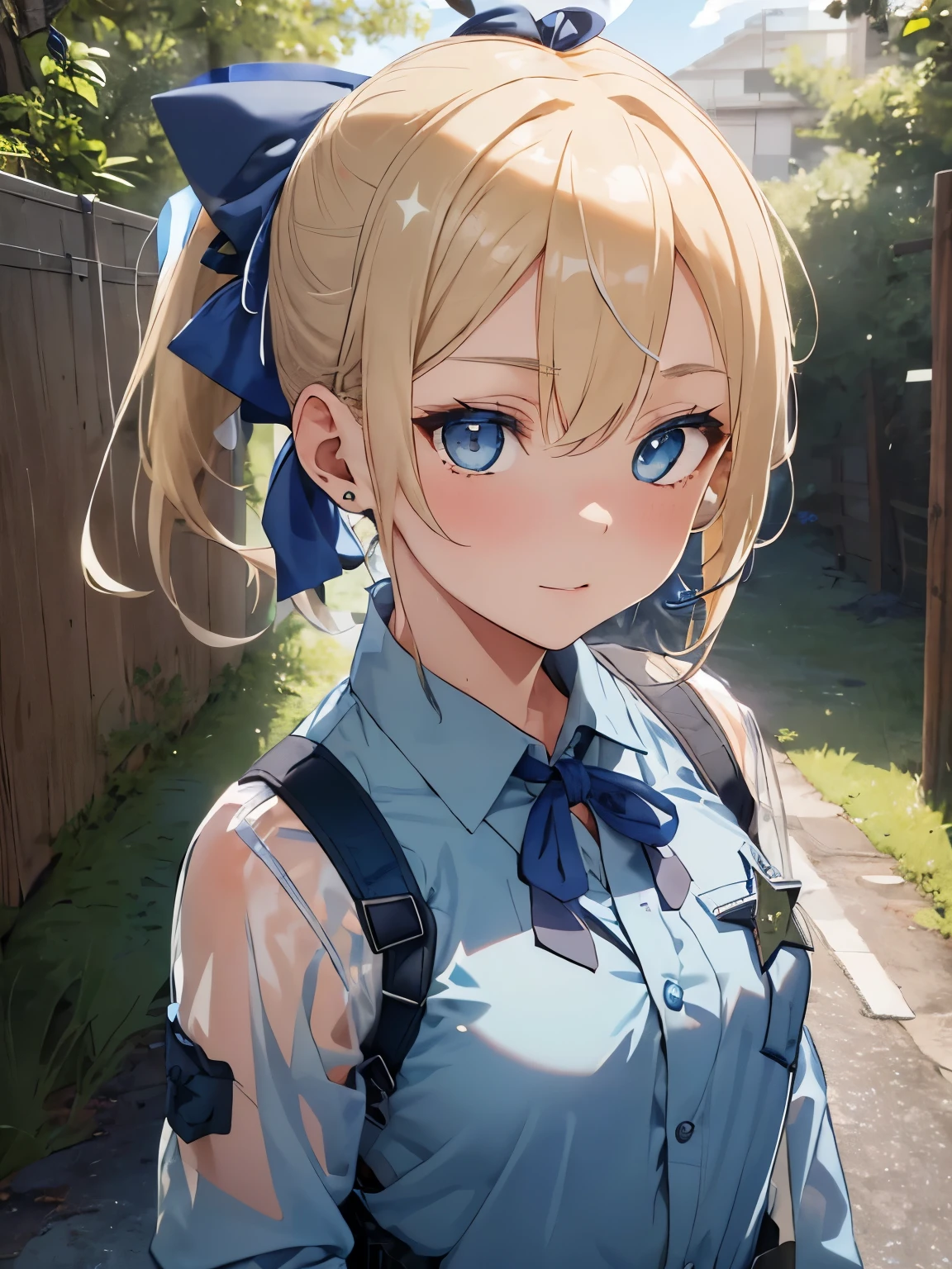 character//1 boy,(blonde:1.3),((Side ponytail tied from around the temporal lobe:1.2)),((With bangs)),BREAK//((big blue ribbon in ponytail knot:1.3)),((Clear blue eyes:1.3)),BREAK//(Fashion//((Black and blue camouflage long sleeve shirt)),BREAK((dark gray bulletproof vest)),(Sheriff&#39;s star badge on the chest of the vest:1.2),((cargo pants)),BREAK//((背丈ほどある大型Have a rifle:1.3)),((survival game)),((Ear microphone:1.3)),((A forest with dense grass)),((Have a rifle:1.6)),(close up of face)