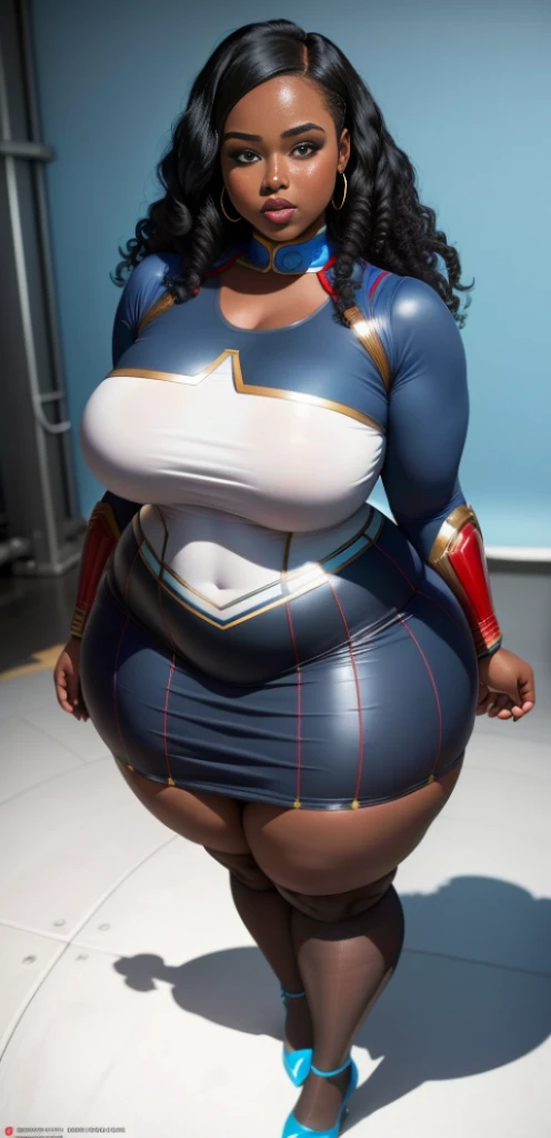 "An ultra-detailed 8k masterpiece of better quality and high saturation well focused. The image features an outfit illustration featuring a stunning plus size black beauty woman wearing a super tight sexy white and blue supergirl mini skirt costume, including a blue background, long legs, (FULL BODY:1.2)."