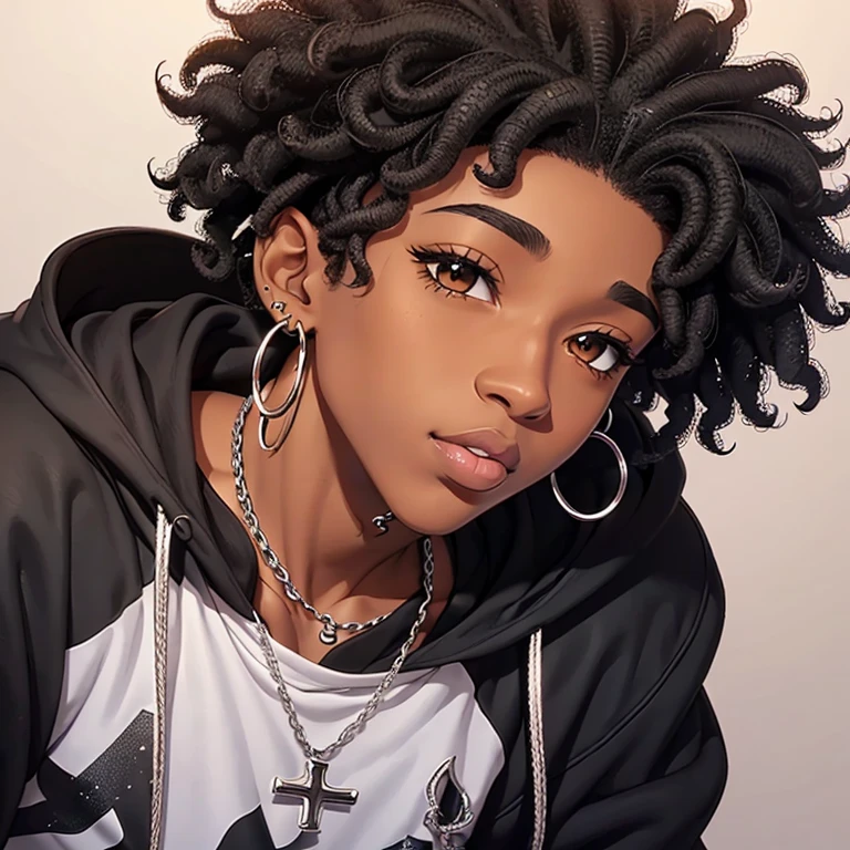 2D animation black boy curly hair brown eyes big nose full lips big nose silver chain and cross earring black hoodie written oz 