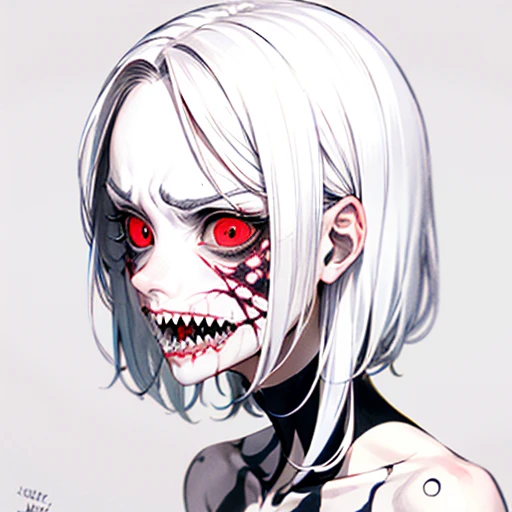 An image of a zombie witch with a creepy face, angry, wide numb eyes, scary open mouth, big sharp teeth with dripping blood and an occult tattoo on the neck, inspired by Junji Ito, junji ito style, art style of junji ito, in style of junji ito, ito junji art, style of junji ito, subtle junji ito, kaethe butcher, inspired by Hannah Frank, fleshy - cyborg - zombie