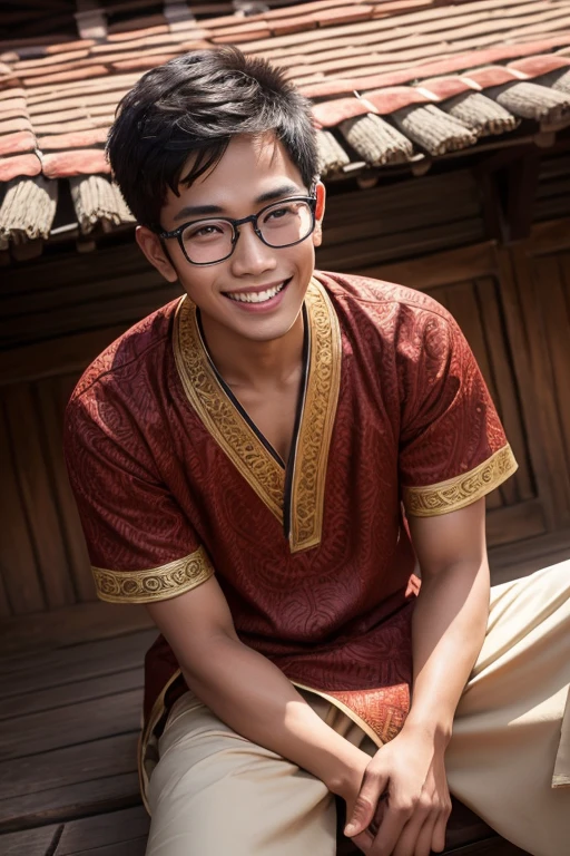 1 malay boy, 22yo, sitting, close up, glasses, brown skin, wear malay traditional clothes, laughing, in the roof of minangkabau traditional houses, very high, in village, black eyes, high res, ultrasharp, 8K, masterpiece