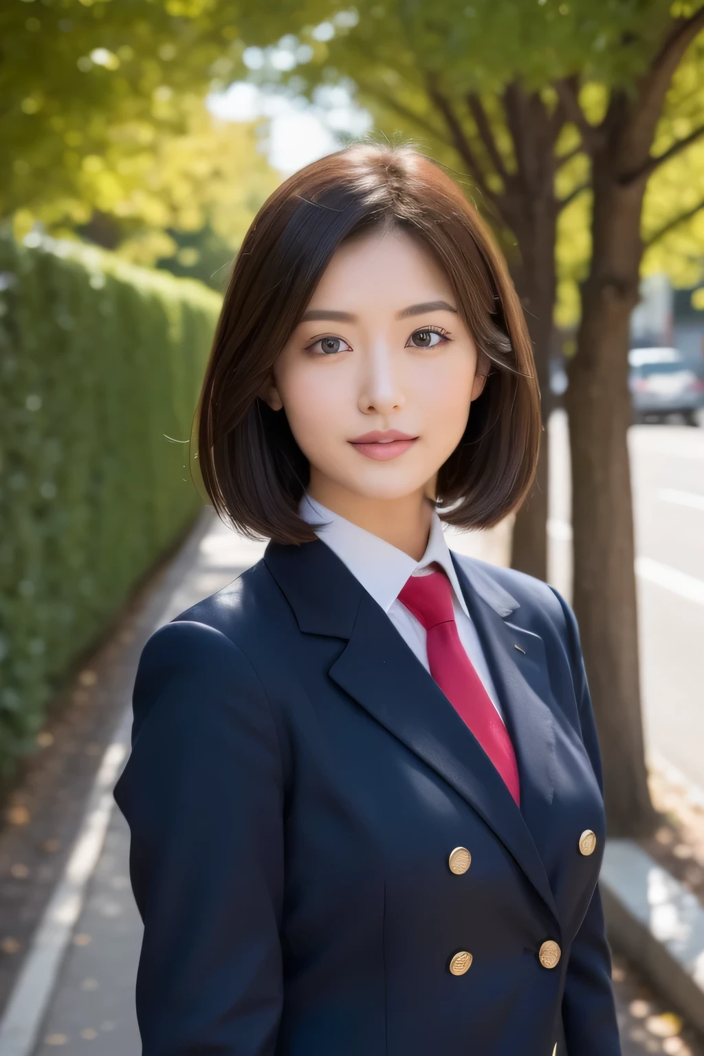 (highest quality、8K、32K、Masseter muscle part、nffsw:1.2)、photo of cute japanese woman、1 girl、profile、(big breasts:1.2)、(tall woman)、(abs、slim body shape:1.2)、(lips) 、（Dark brown medium shorthair）、double eyelid、uniform、school uniform、high school girl、white shirt、tie、brown blazer