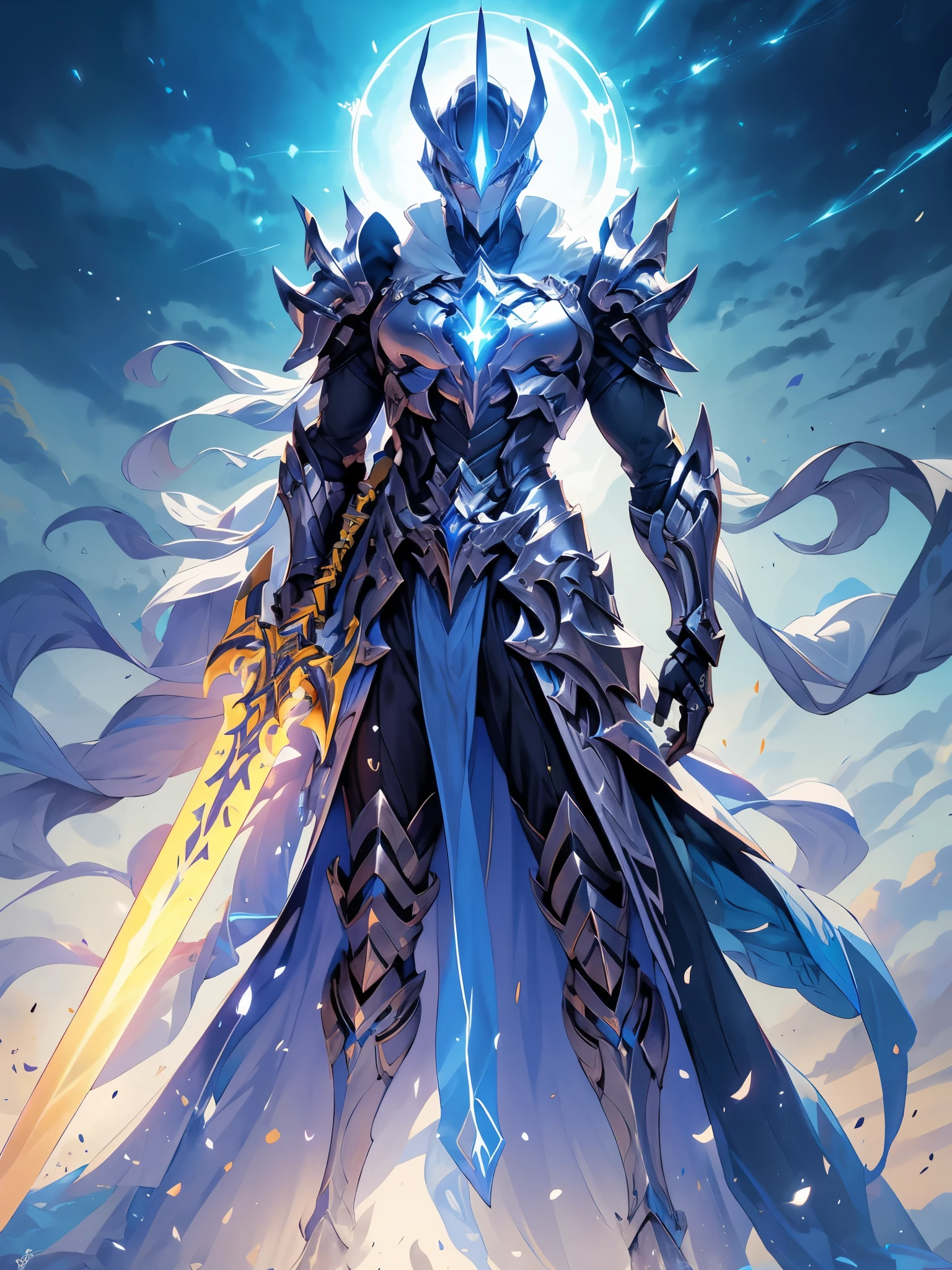 "An impressive paladin wields a sword full of light, Exuda una poderosa magia de luz. The setting is set in a dark and mysterious cityscape, Illuminated by the light of the Paladin's Sword. The composition is professionally crafted, Incredible attention to detail and cinematic lighting. The overall aesthetic is reminiscent of Fujifilm photography, Captura la belleza y la profundidad de la escena."