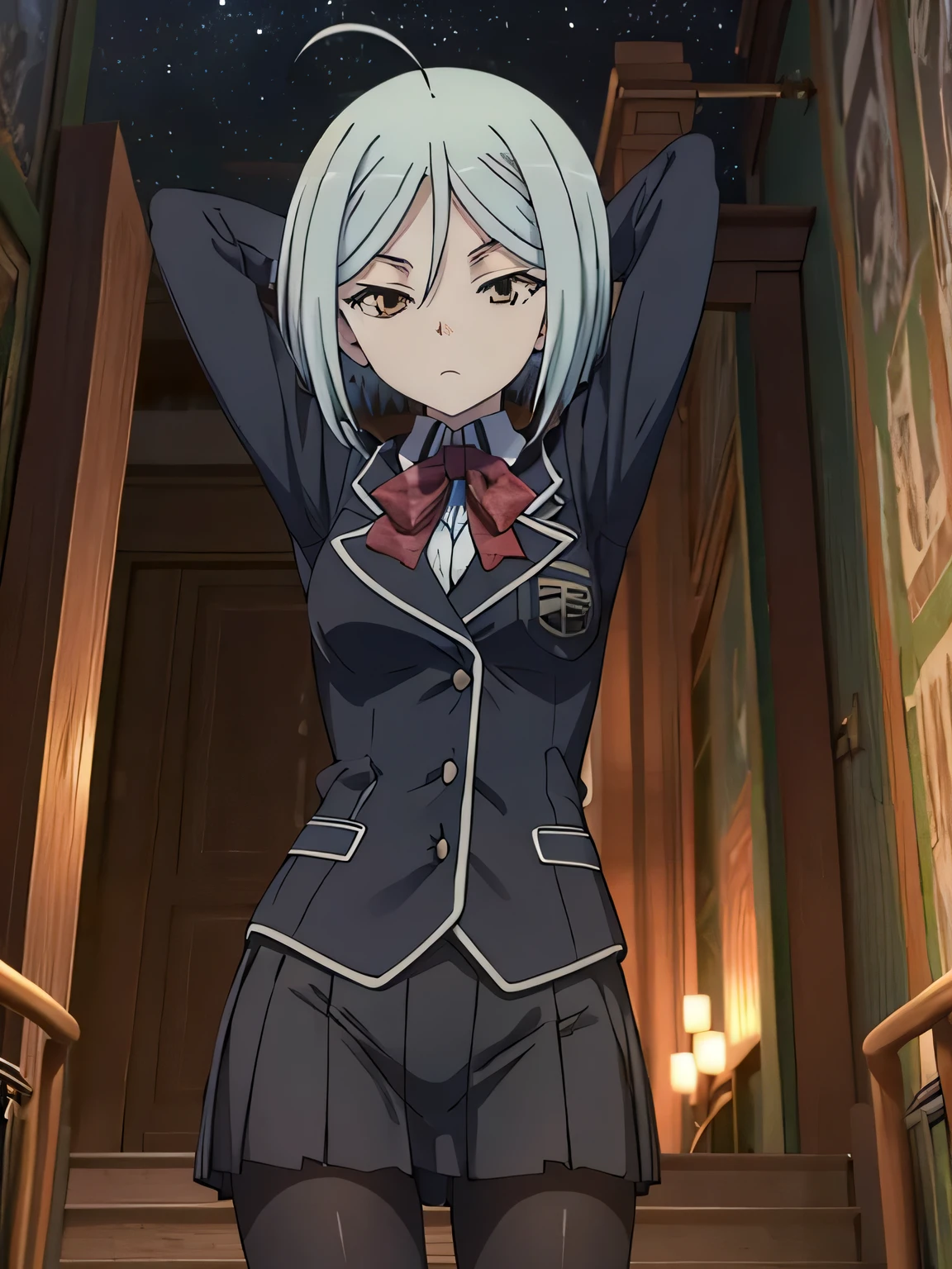 (((pixel-perfect, detail-perfect))), solo, 1girl, arin kannazuki, school uniform, blazer, closed_mouth, night sky, forest, arms behind head, spread armpits, contrapposto, cowboy shot, expressionless, shy, 1girl, looking at viewer, 