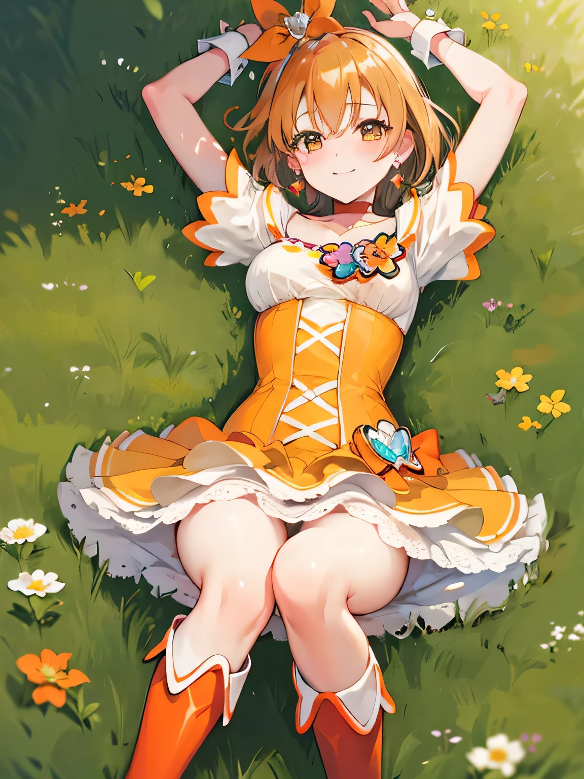masterpiece, best quality, looking at viewer, depth of field, closed mouth, spread arms, arms up, on back, on grass, looking at viewer, solo, center, smile, blushing,
1girl, cure pine, precure, one side up, short hair, hair ribbon, frills, short sleeves, wrist cuffs, orange choker, orange boots, yellow_skirt,