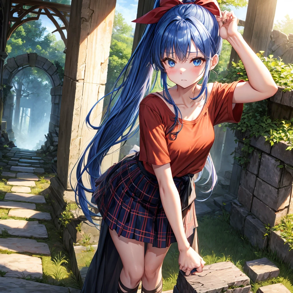 reddish-brown blonde、blue hair、blue eyes、ponytail、one good looking girl、solo、anime、Plaid miniskirt、camisole、black t-shirt、torn、Tilting your face、Doing the ribbon、Ribbon at waist、sunset sky、broken stone steps、ruins、tunnel、Fallen leaves、light and feet up、column、sparks fall、forest、tall grass grows、cloak、the ground is cracked、Vortex of Light、looking down、Shortness of breath