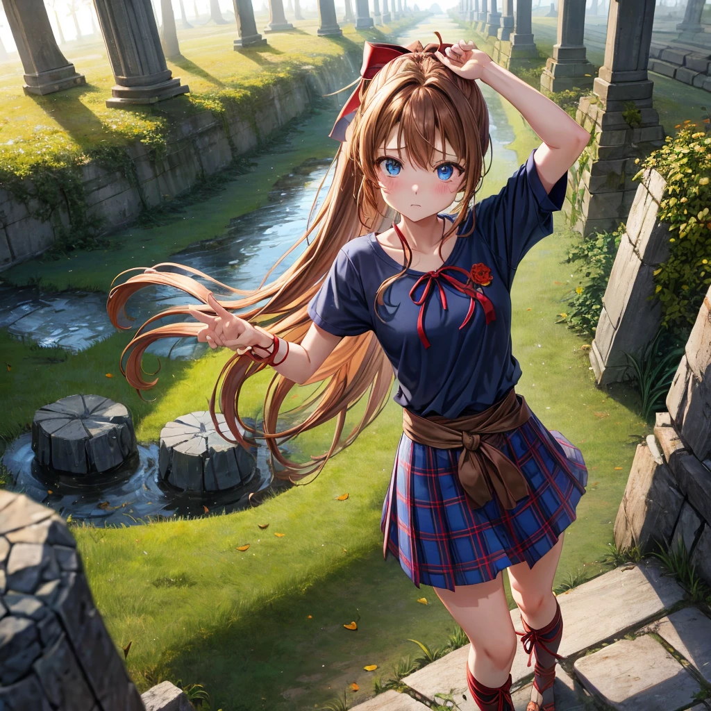 reddish-brown blonde、blue hair、blue eyes、ponytail、one good looking girl、solo、anime、Plaid miniskirt、camisole、black t-shirt、torn、Tilting your face、Doing the ribbon、Ribbon at waist、sunset sky、broken stone steps、ruins、tunnel、Fallen leaves、light and feet up、column、sparks fall、forest、tall grass grows、cloak、the ground is cracked、Vortex of Light、looking down、Shortness of breath