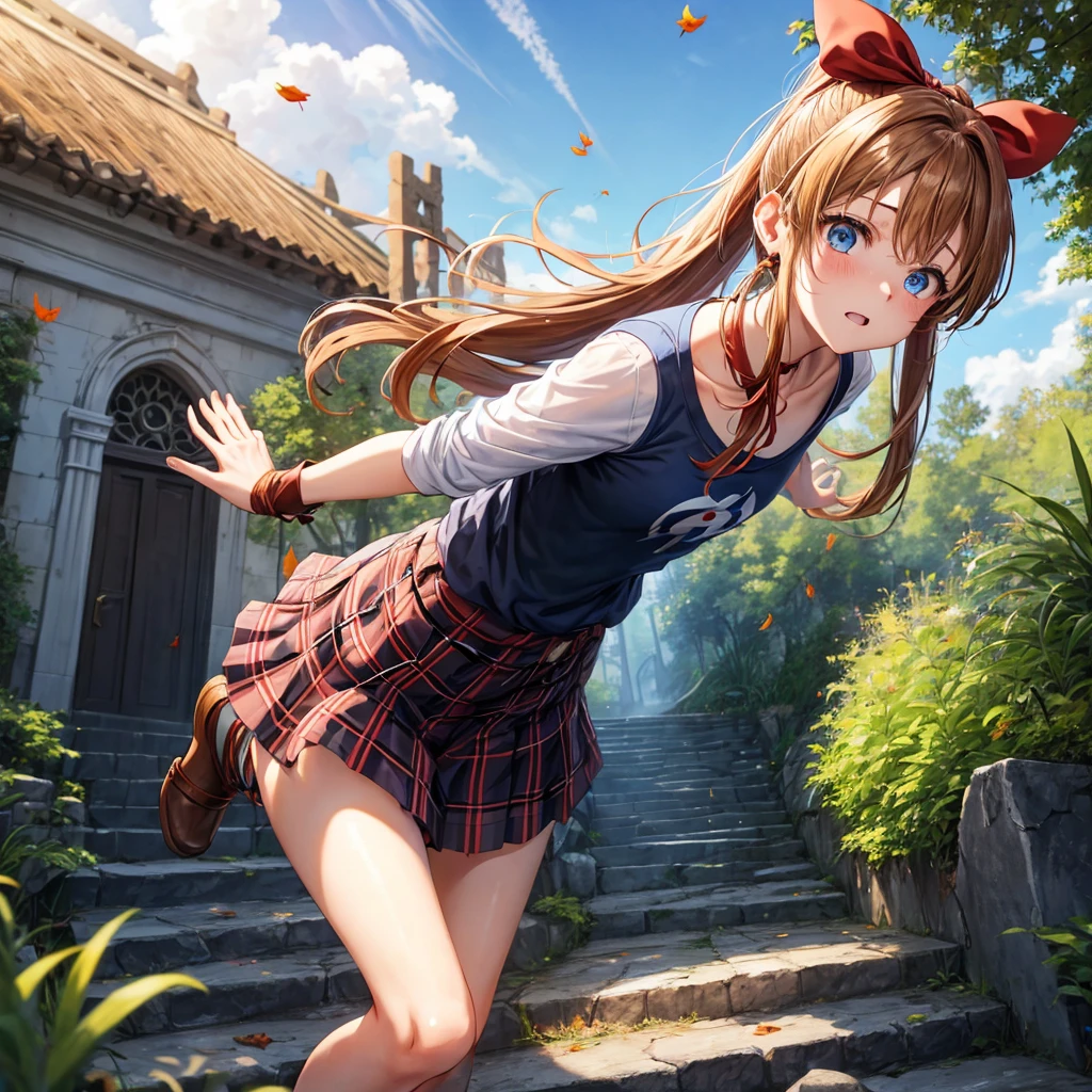 reddish-brown blonde、blue hair、blue eyes、ponytail、one good looking girl、solo、anime、Plaid miniskirt、camisole、black t-shirt、torn、Tilting your face、Doing the ribbon、Ribbon at waist、sunset sky、broken stone steps、ruins、tunnel、Fallen leaves、light and feet up、column、sparks fall、forest、tall grass grows、cloak、the ground is cracked、Vortex of Light、looking down、Shortness of breath