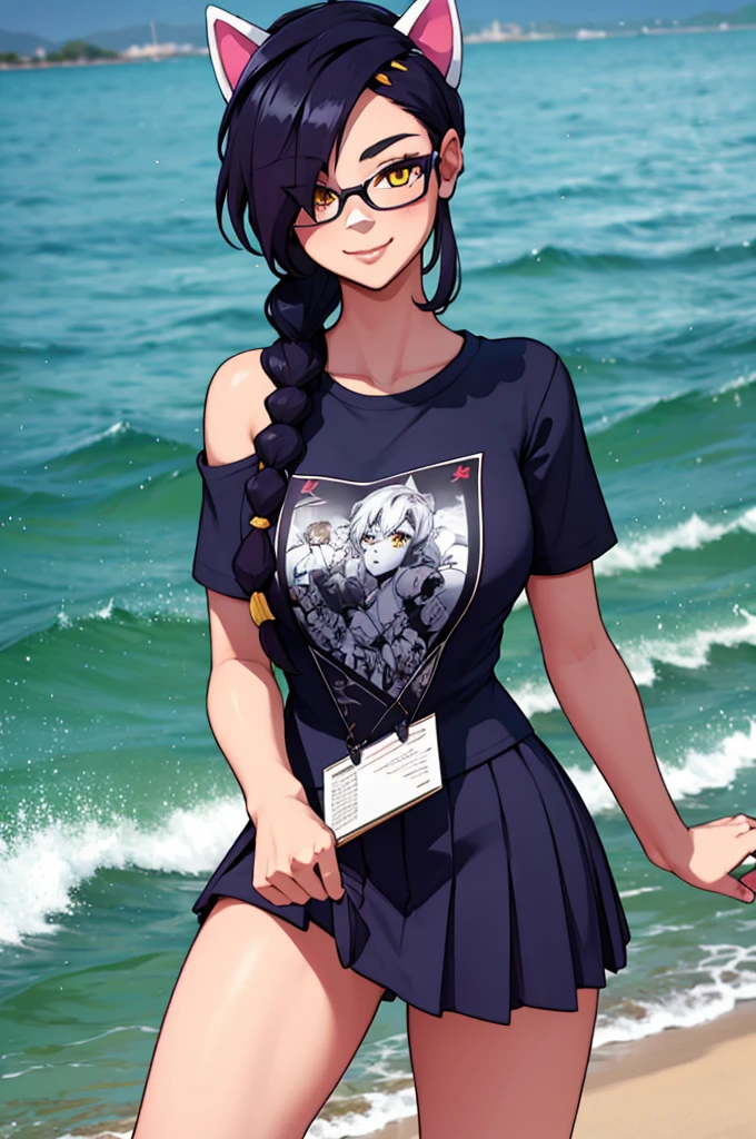 Erisa, 1girl, solo, long hair, looking at viewer, black hair, bandaid on face, yellow eyes, animal ears, smile, bandaid on nose, braid, cat ears, bandaid, bangs, breasts, fake animal ears, simple background, fang, bare shoulders, scar, bare shoulders, short sleeves, closed mouth, t-shirt, hair over one eye, portrait, hair over shoulder, skin tight shirt, legs, glasses, school wear, outfit, short skirt, ocean view, seductive, realistic, best quality, masterpiece, ultra detail, ultra high res, extreme detail, 8k, uhd