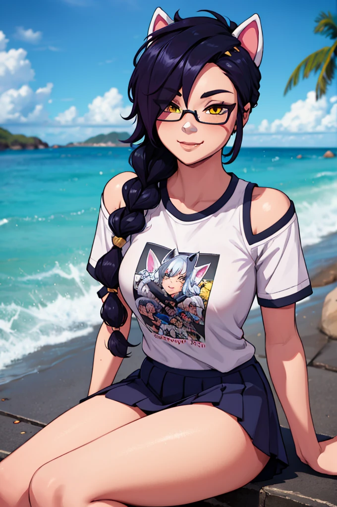 Erisa, 1girl, solo, long hair, looking at viewer, black hair, bandaid on face, yellow eyes, animal ears, smile, bandaid on nose, braid, cat ears, bandaid, bangs, breasts, fake animal ears, simple background, fang, bare shoulders, scar, bare shoulders, short sleeves, closed mouth, t-shirt, hair over one eye, portrait, hair over shoulder, skin tight shirt, legs, glasses, school wear, outfit, short skirt, ocean view, seductive, realistic, best quality, masterpiece, ultra detail, ultra high res, extreme detail, 8k, uhd