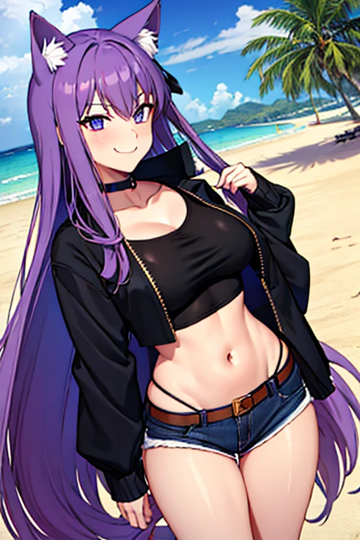 (very long purple hair), purple eyes, cat eyes, detailed eyes, beautiful eyes, fullbody, mature woman, milf, seductive, fox ears, multiple fox tails, smug smile, looking at viewer,daysky, beach, big tits, large breasts, busty, shirt, shorts, belt, black_shorts, crop_top, jacket, midriff, navel, open_clothes, short_shorts, thighs, black_shirt, open_jacket, zipper