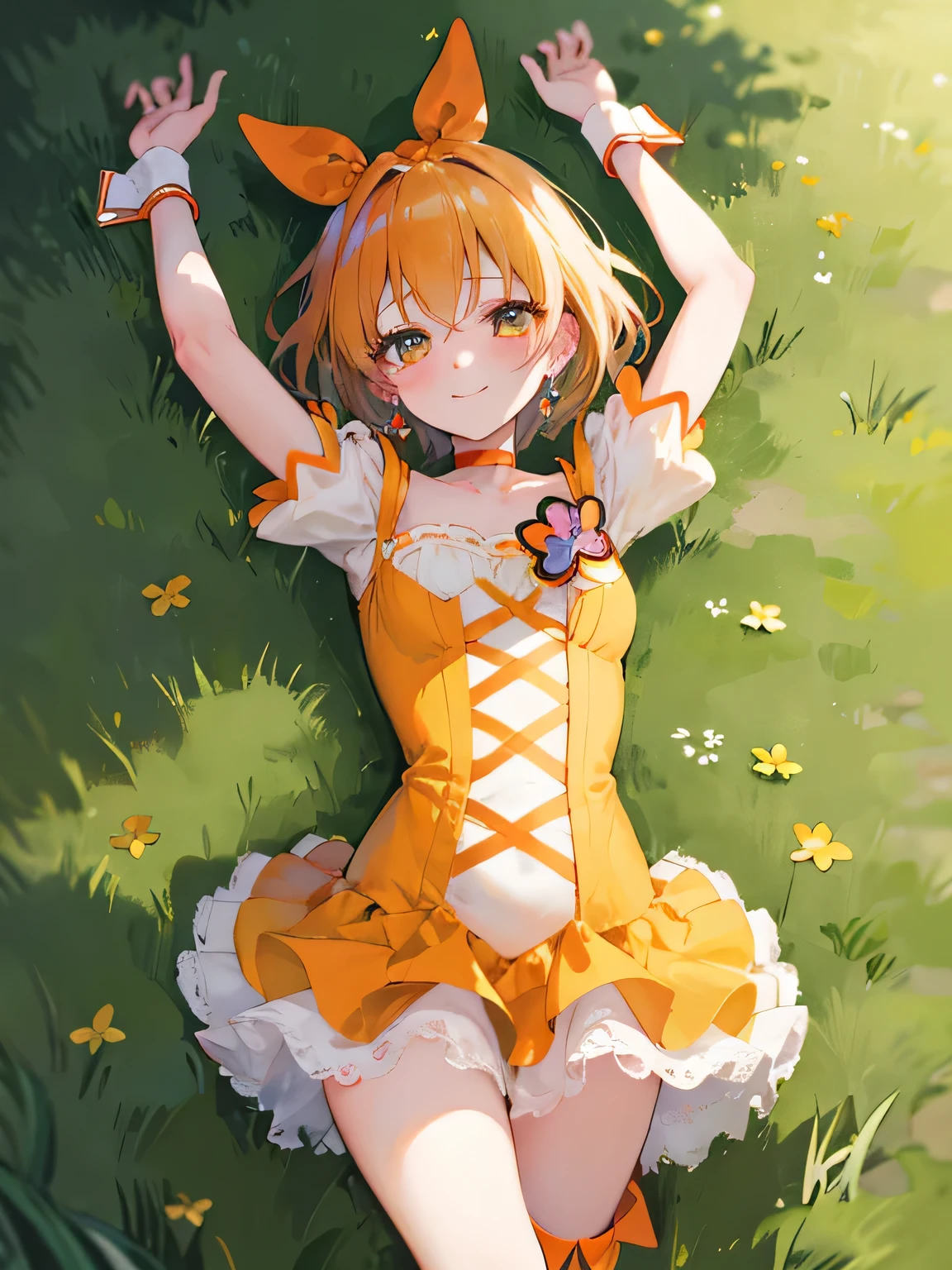 masterpiece, best quality, looking at viewer, center, closed mouth, spread arms, arms up, on back, on grass, looking at viewer, solo, center, smile, blushing,
1girl, cure pine, precure, one side up, short hair, hair ribbon,  frills, short sleeves, wrist cuffs, orange choker, orange boots, yellow_skirt,
