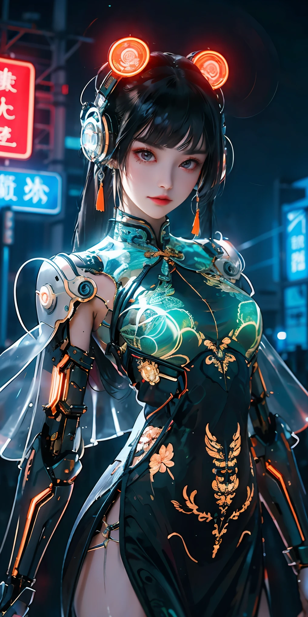 1 girl, Chinese_clothing, liquid silver and orange, cyberhan, cheongsam, cyberpunk city, dynamic poses, Detailed illuminated headphones, Luminous hair accessories, long hair, Luminous earrings, glow necklace, cyberpunk, Hi-Tech City, full of mechanical and futuristic elements, futuristic, technology, glowing neon lights, orange, orange light, Transparent tulle, Clear streamers, laser, Digital background city sky, big moon, There is a vehicle, best quality, masterpiece, 8k, Character edge light, Ultra high detail, high quality, The most beautiful woman in mankind, Slight smile, Face forward and symmetrical, earring, beautiful student, Lighting effects, visual data, Silver-white hair, Ultra-detailed facial texture