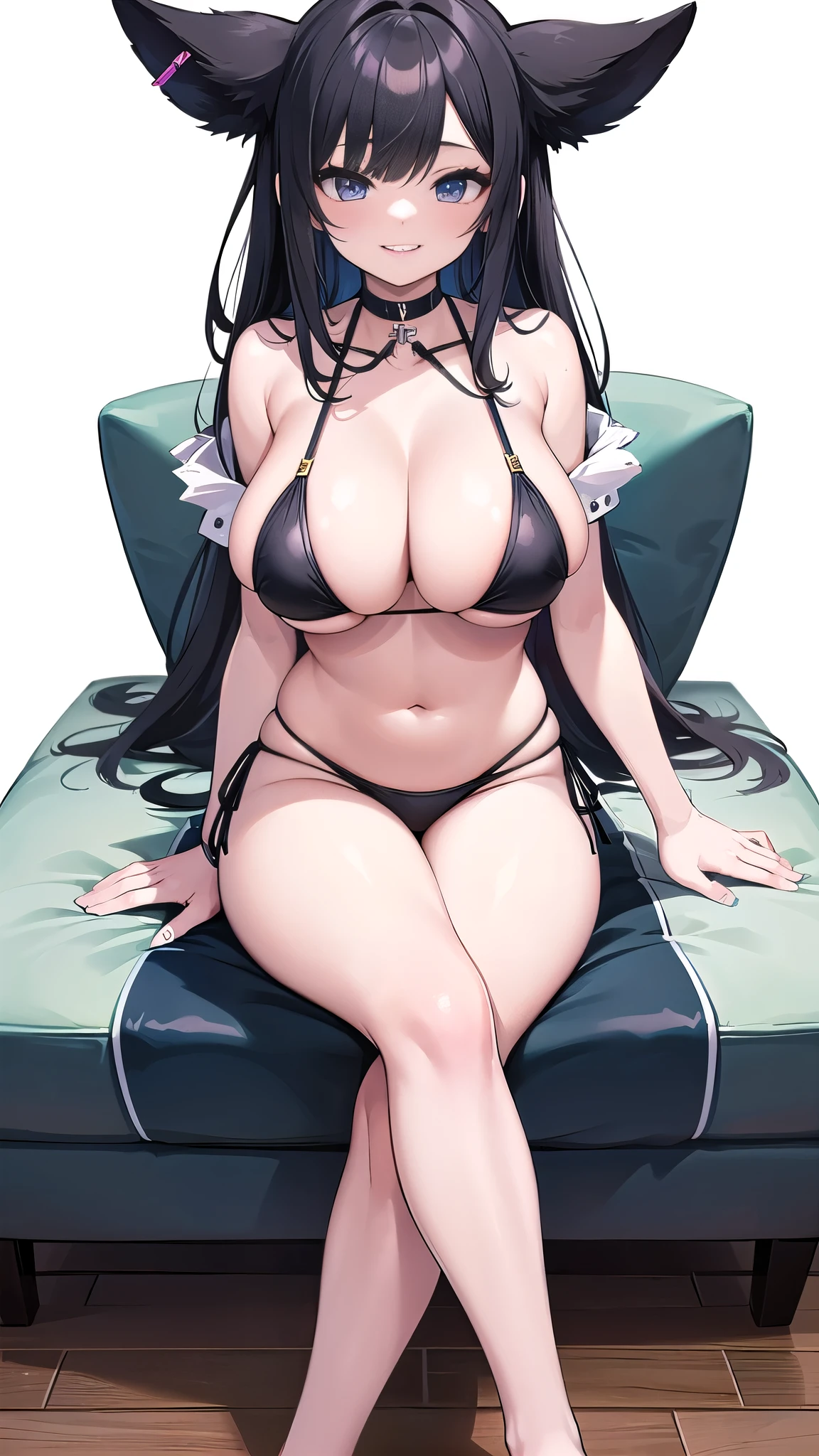 long black hair, ((bikini)),cleavage,((sit on the sofa and cross your legs)),sexy look, Soft body, big breasts, ((mischievous smile)),((white background))