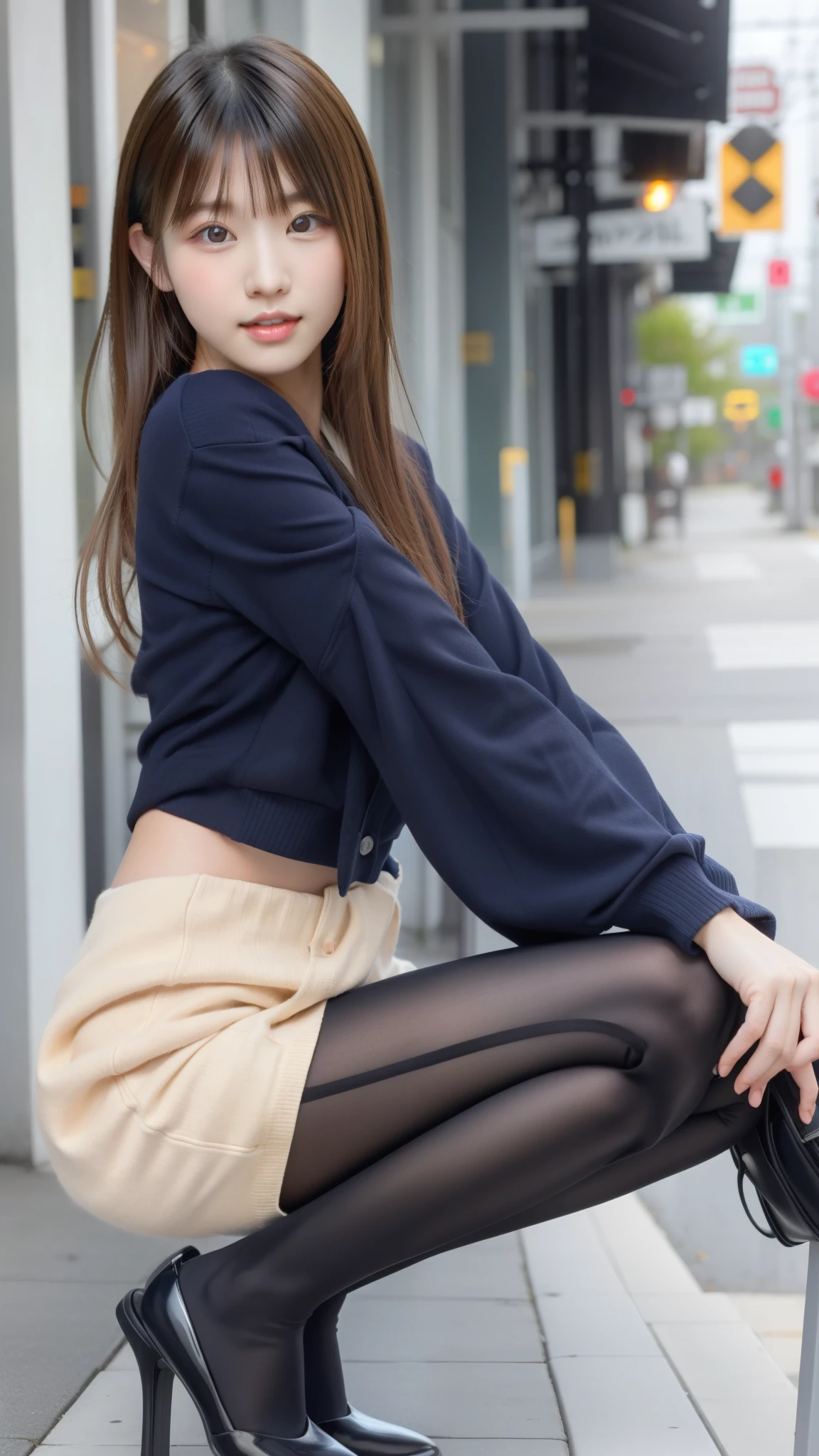 Photo taken by a professional photographer,Close-up of a woman squatting on the sidewalk with her legs crossed, kiko mizuhara, wearing a sweater, Shirahime cut brown hair, wearing a sweater, young and cute girl, japanese model, 白いwearing a sweater, Chiho, カジュアルなwearing a sweater, denim shorts,Side waves with short hair, a cute young woman, cute young woman, Beige pantyhose,Beige tights,