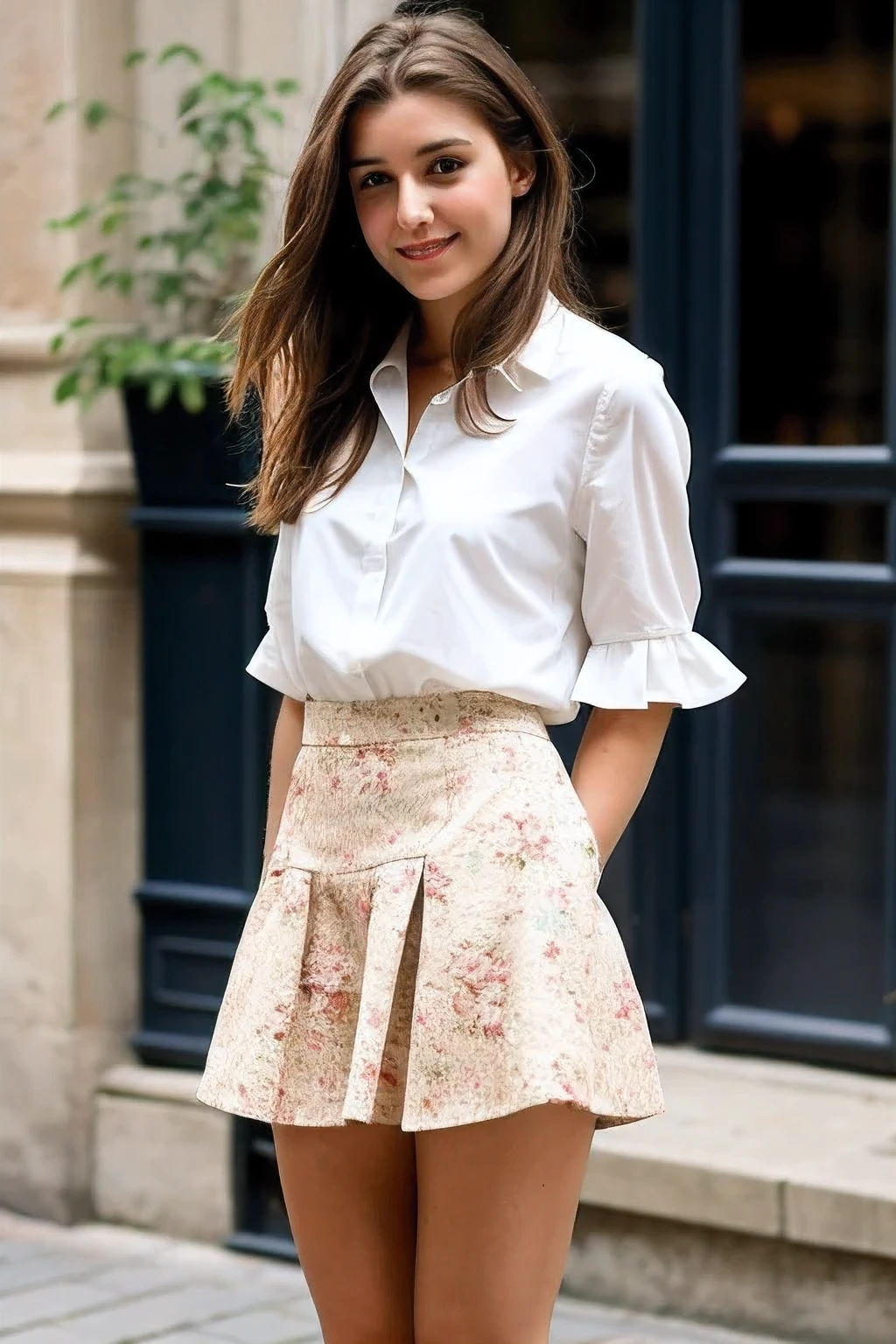 22-year-old girl with light brown hair,  real life, photo pleine longueur, the girl is spreading her legs, she wears a mini skirt with floral patterns and pretty white pumps