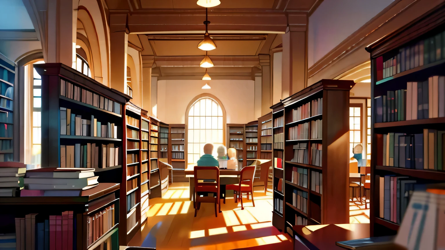 Create a lively and joyful scene in a bustling library filled with numerous books and happy individuals immersed in reading. Illustrate rows of bookshelves stretching into the distance, adorned with a variety of colorful book spines. Show people of diverse ages and backgrounds enjoying the library, with smiles on their faces as they explore the vast collection of literature. Use warm and inviting lighting to enhance the cozy atmosphere, and consider incorporating comfortable reading nooks and study areas. Convey the sense of community and shared enthusiasm for knowledge and literature. High detailed, vibrant library atmosphere, happiness.
