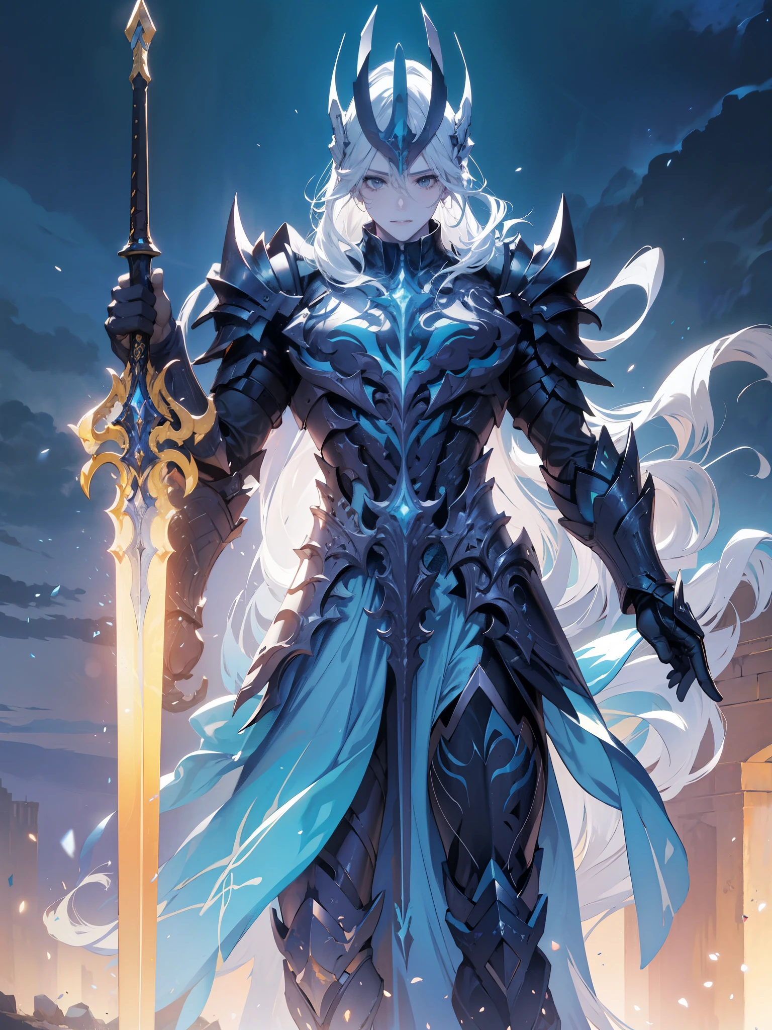 "An impressive paladin wields a sword full of light, Exuda una poderosa magia de luz. The setting is set in a dark and mysterious cityscape, Illuminated by the light of the Paladin's Sword. The composition is professionally crafted, Incredible attention to detail and cinematic lighting. The overall aesthetic is reminiscent of Fujifilm photography, Captura la belleza y la profundidad de la escena."
