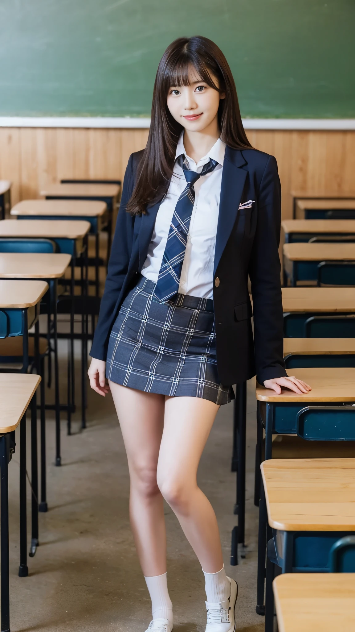 Stand in the classroom of school２girl girl,Red Tie Uniform,Dark Blue Closed Blazer,blue plaid miniskirt,18-year-old,bangs,a little smile,thighs,knees,from below，random pose，pretty girl，slender girl，