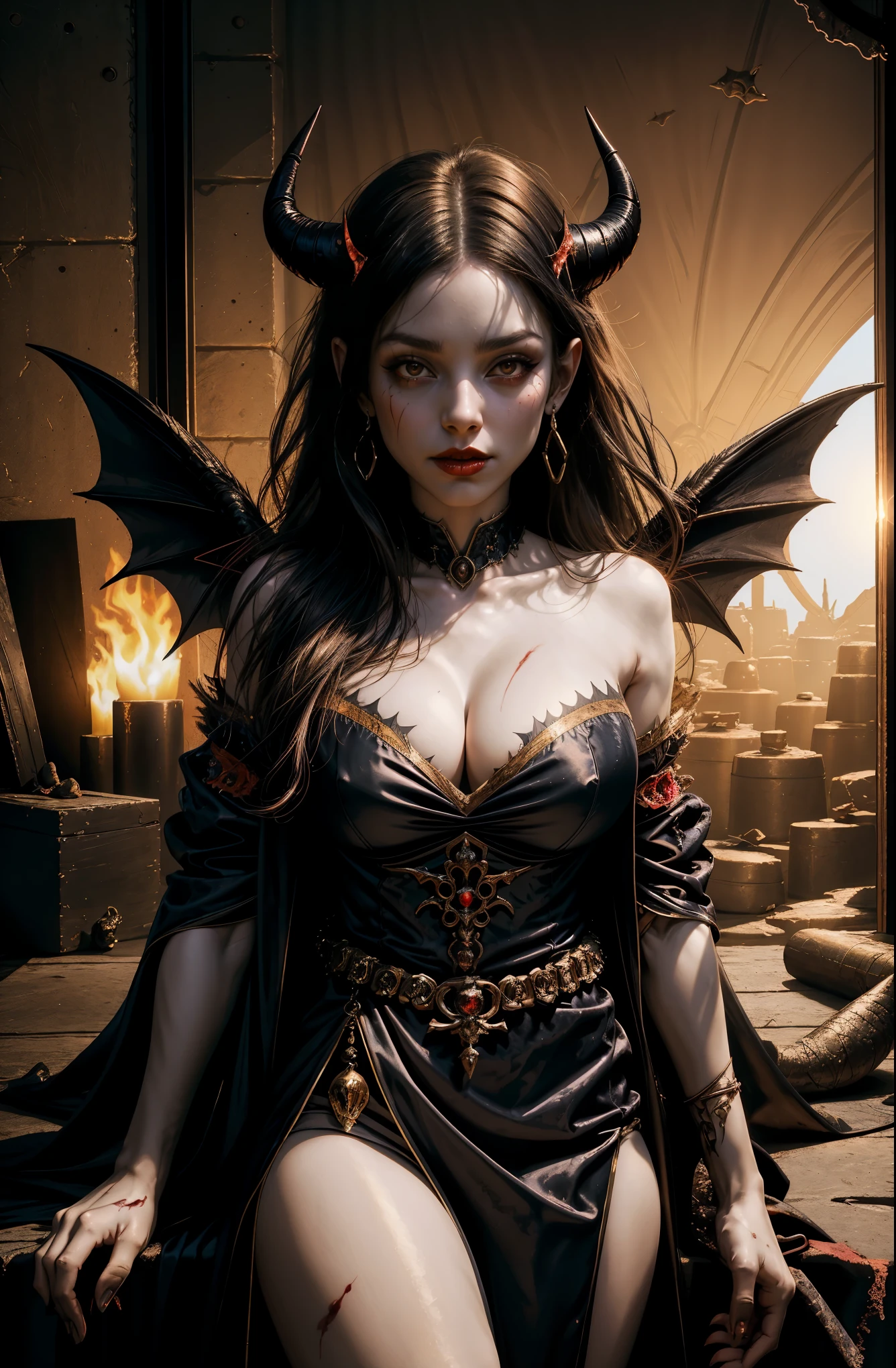 (8K masterpiece, highest quality: 1.2) highly detailed face and body, Arafed woman in a black dress with horns and blood on her chest, beautiful Succubus, Succubus | Medieval, Diablo 4 Lilith, beautiful and elegant devil queen, Succubus, winged devil girl, diablo 4 queen, white horns queen demon, Wojtek Füss, devil girl portrait, winged demoness, portrait of a female demon, Succubus in tight short dress, Desolate landscape of dystopia, Fire and sulfur, apocalyptic scene, revelation, end of the world,