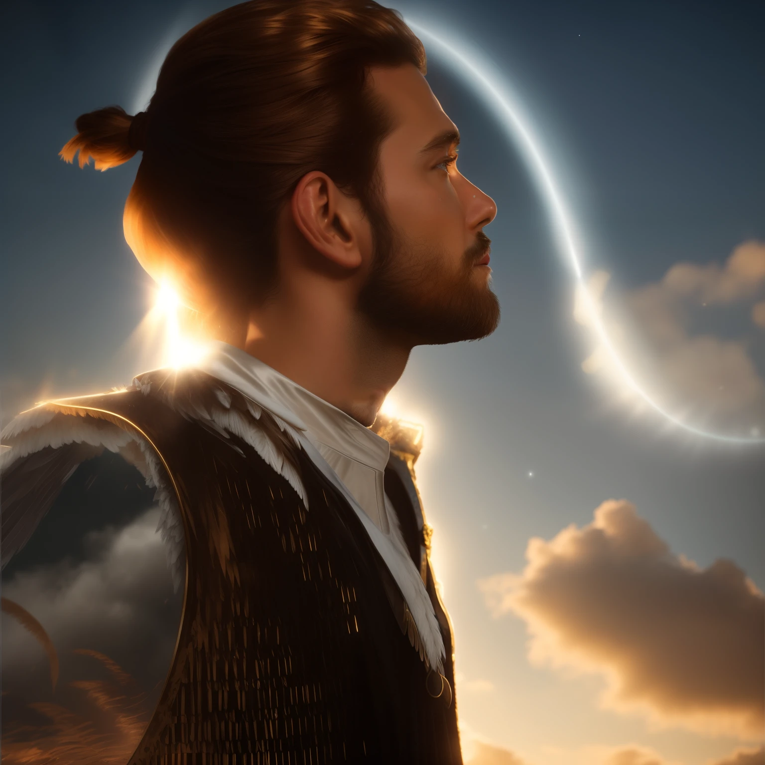 super high resolution, best quality, photo, 8k, (photorealistic: 1.2), cinematic lighting, An man with ponytail shaped like a fantz wlop,crystal throne, floating on crystal clouds, blue eyes, bright yellow light emitted from the throne, precious stones floating in the sky, God, with beams of light enveloping his body,  with large translucent, feathered wings on the crystal throne, wings are open, golden light (halo:1.2) over your head, abdominal muscles dressed in medieval golden armor, beard, masculine, dark, masterpiece, best quality, intricate details, snow environment and crystals in the background, crystal cathedral, portal of the future, 3D light, HD, magic, backlighting,  detailed face, DREAD, depth of field, soft lighting, tone mapped, highly detailed, concept art, smooth, sharp focus, dramatic lighting, highly detailed art, cinematic, 8K, amazing shadows (highly detailed background: 1.2)