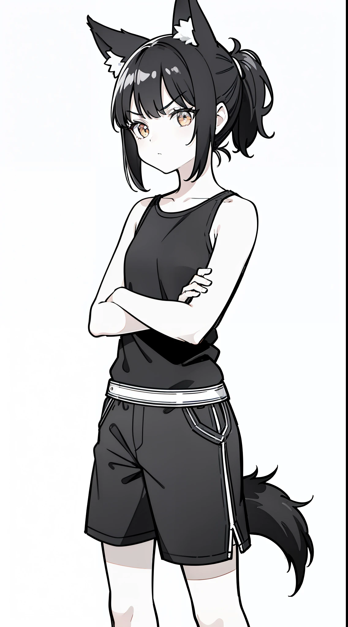 (1girl,),solo,angry,black hair,ponytail hair,short hair,fox ears,black shirt,sleeveless,black shorts,cowboy shot,(white background,line drawing),standing,from front,crossed arms