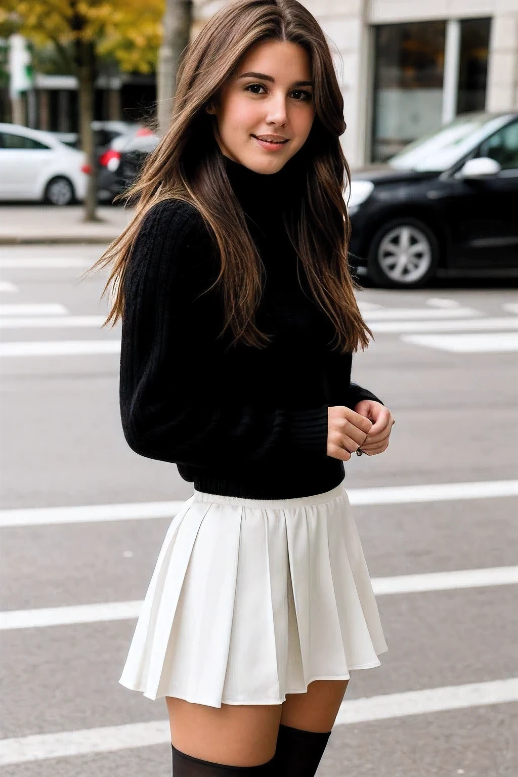 22-year-old girl with light brown hair, real life, photo pleine longueur, the girl is spreading her legs, she wears (white) pleated miniskirt with high black boots and pantyhose