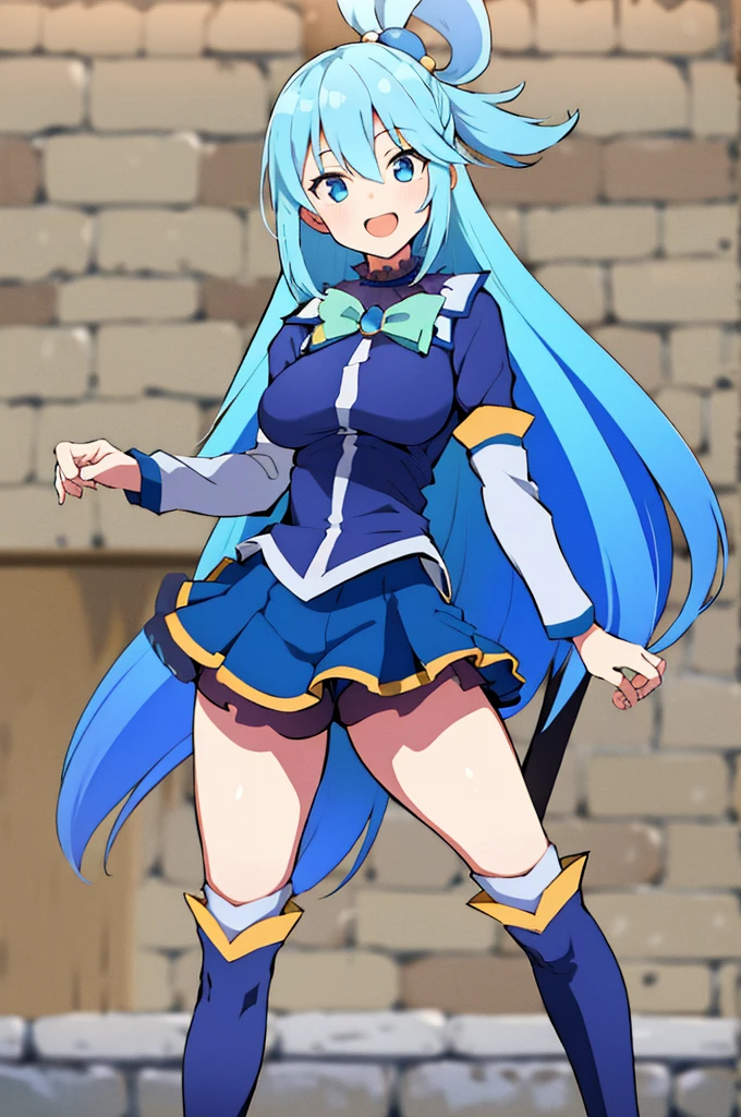 aqua \(KonoSuba\), mksks style, (highly detailed background:1.0), (highly detailed background:1.0), {masterpiece}, high quality, 1 girl, blue eyes, blue footwear, blue hair, hair ornaments, hair ring, raise your feet, long hair, looking at the viewer, medium chest, open your hands,light blue long coat,shorts,White pantyhose,short boots,In town, smile, alone, Are standing, Are standing on one leg,  Kono Subarashiisekai Nishukufukuwo!, 