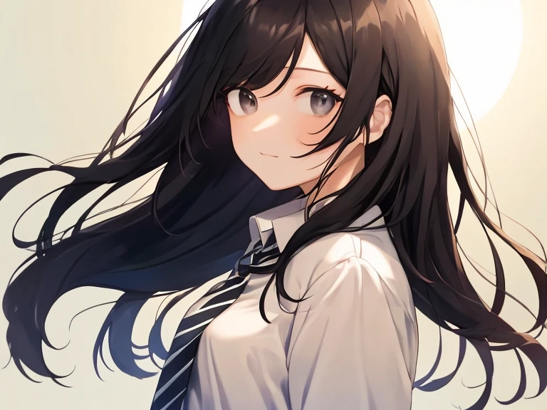  a slightly fat woman,Medium long black hair,bangs,A white dress shirt with a black and white striped tie,small breasts,black eyes,morning sun background,Calm and gentle eyes,Drooping eyes,calm face.Upper body,slightly turned to the side