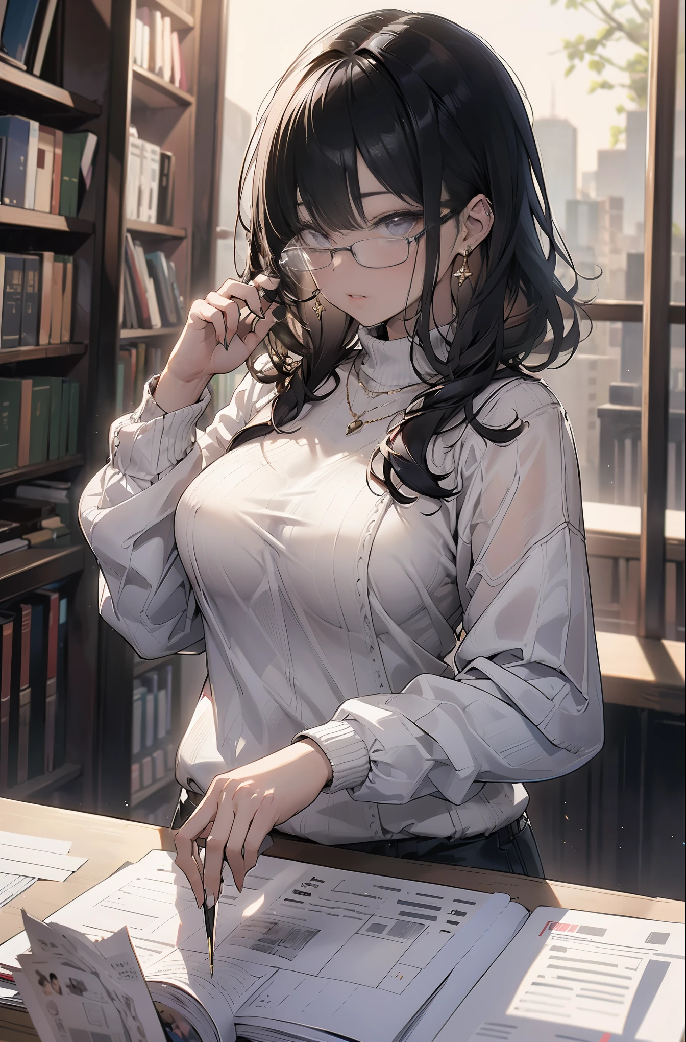 (masterpiece),(highest quality), Glasses, (embarrassing),sweater, at the library,large breasts,soft chest,perfect hands,kawaii,raw photo,