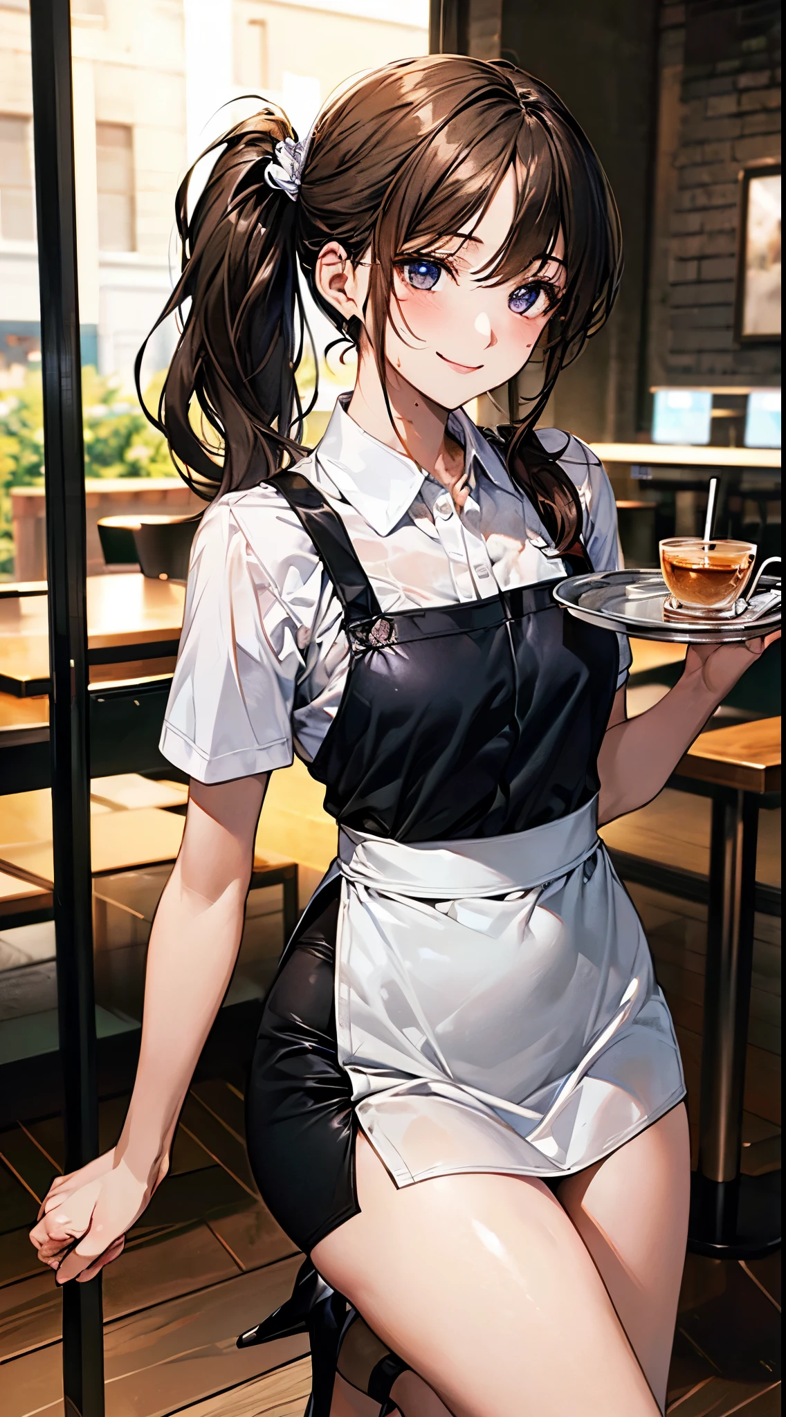 masterpiece,Highest quality,Stylish western style cafe,Female cafe attendant,Cafe clerk uniform,Detailed clothing,Laughter,Bright atmosphere in the store