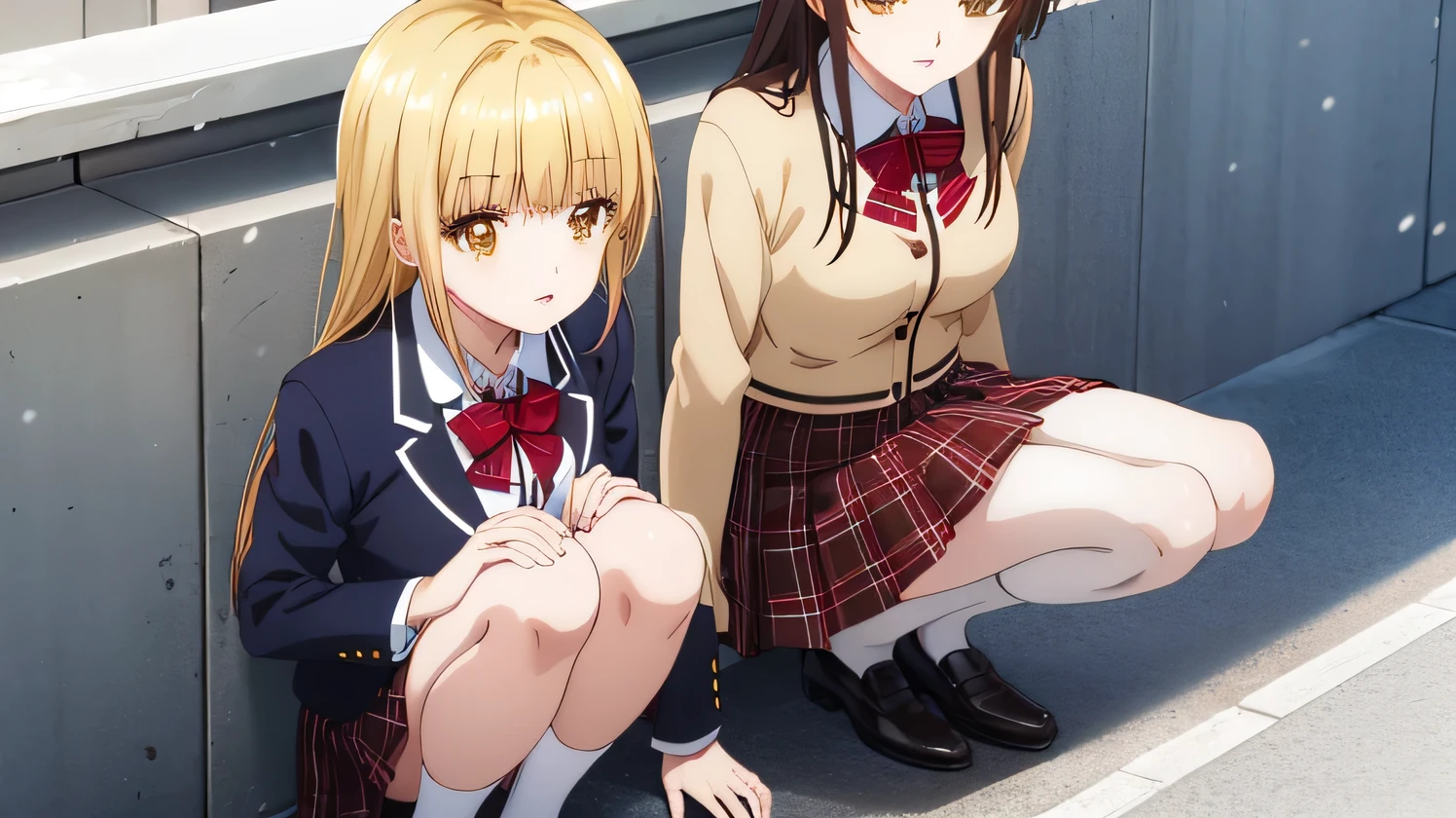 Mahirsha, Mahiru Shiina, blonde hair, (brown eyes:1.7), long hair, (smile)、(big breasts)、break ブレザー, bow, bowtie, collar, collared shirt, Jacket, Plaid, Plaid skirt, pleated skirt, red bow, red bowtie, school uniform, shirt, shoes, skirt, white lace panties、break looking at viewer, whole body, break ((snow mountain))、(Ski resorts)、Blizzard、break (masterpiece:1.2), highest quality, High resolution, unity 8k wallpaper, (shape:0.8), (beautiful and detailed eyes:1.6), highly detailed face, perfect lighting, Very detailed CG, (perfect hands, perfect anatomy),