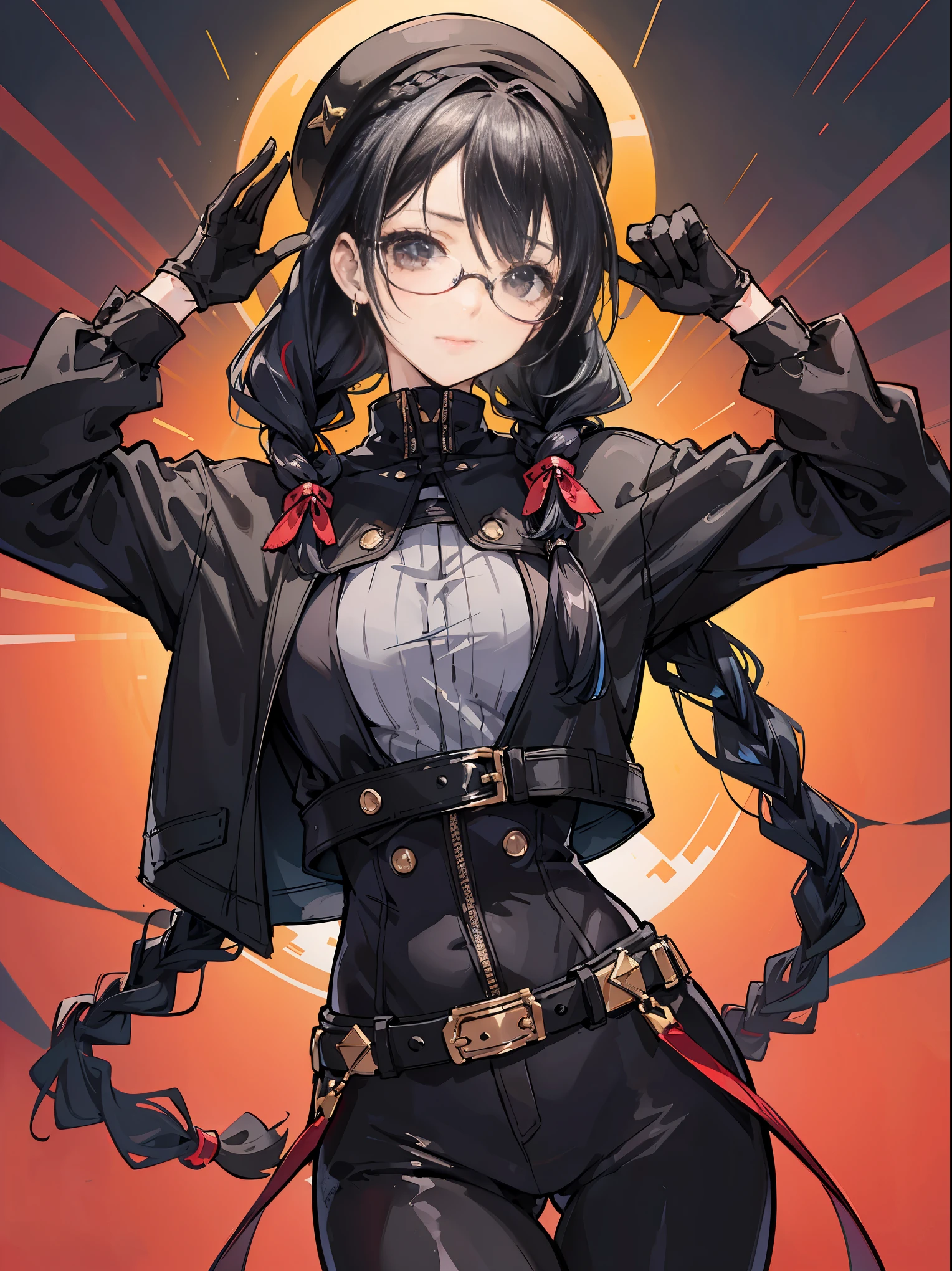masterpiece, high quality cg, anime, illustration, best quality, 1girl, bound, bondage, beautiful face, detailed face, cowboy shot, dokkaebi, 1girl, solo, looking at viewer, black hair, braid, glasses, black gloves, belt, pants, black eyes, twin braids, streaked hair, black headwear, bodysuit, black pants, round eyewear, black bodysuit, beanie, hair behind ear,