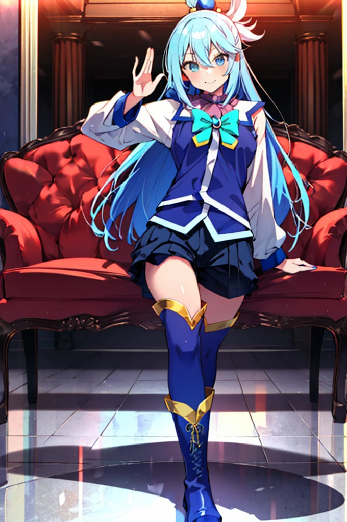 best quality, ultra-detailed, masterpiece,(masterpiece:1.2), hires, 8k,
extremely detailed CG unity 8 k wallpaper, unreal engine rendered,
illustration, anime, comic, game cg,
The girl sits in the white chair, one hand on the chin, elbow propped on the armrest of the throne, looking at you bored,
aqua \(konosuba\), 1girl, solo, long hair, blue hair, blue eyes,medium breasts, full body,
bored,half-closed eyes,closed mouth, tired,hand on own cheek, blue greaves,
figure four sitting,head tilt,impassive,
sitting on (white throne:1.5),
goddess,
checkered floor, star \(sky\), straight-on,
outdoors,
night, evening, black background,
<lora:aquaKonosubaLora_1:0.5>,