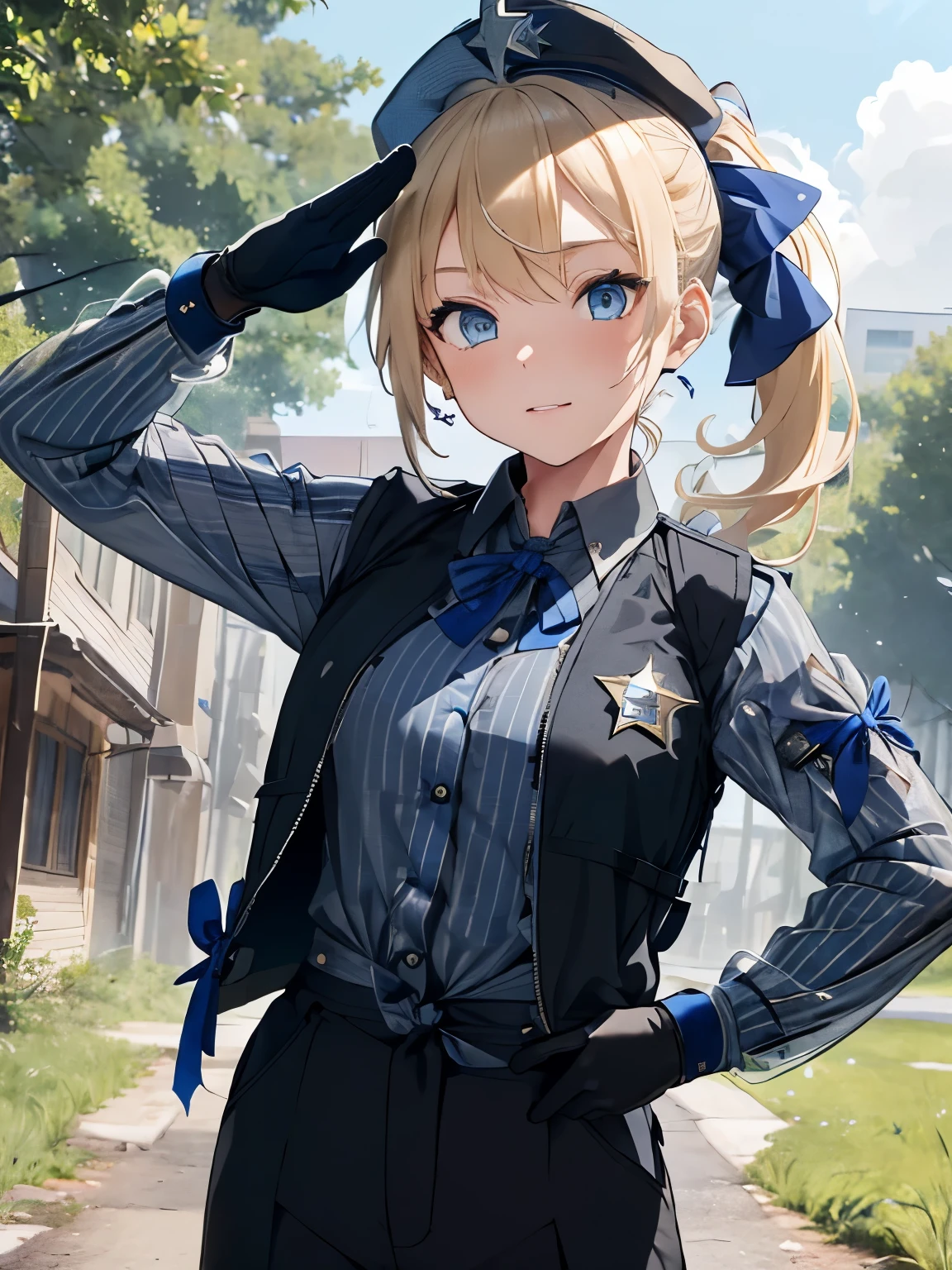 character//1 girl,(blonde:1.3),((Side ponytail tied from around the temporal lobe:1.2)),((With bangs)),BREAK//((big blue ribbon in ponytail knot:1.3)),((Clear blue eyes:1.3)),BREAK//(Fashion//((Black and blue striped long sleeve shirt:1.3)),BREAK((dark gray bulletproof vest)),(Sheriff's star badge on the chest of the vest:1.2),((cargo pants)),BREAK//((Sheriff's Cap:1.3)),((survival game)),((Ear microphone:1.3)),((A forest with dense grass)),((One-handed salute:1.6)),(close up of face),