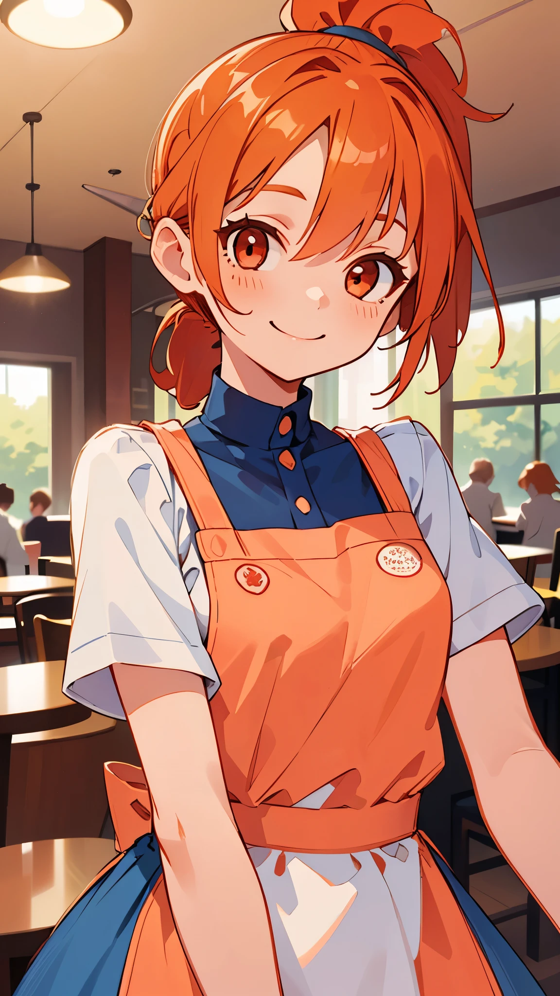 1 girl、White blouse shirt、blue skirt、upper body close-up、orange hair、ponytail、red round eyes、small breasts、smile、Wearing an apron、((indoor、morning、Cafe))、sharp outline