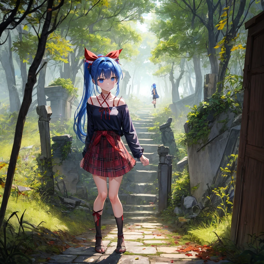 reddish-brown blonde、blue hair、blue eyes、ponytail、one good looking girl、solo、anime、Plaid miniskirt、camisole、black t-shirt、Clothes are torn、Tilting your face、Doing the ribbon、Ribbon at waist、sunset sky、broken stone steps、ruins、tunnel、Fallen leaves、light and feet up、column、sparks fall、forest、tall grass grows、cloak、the ground is cracked、Vortex of Light、looking down、Shortness of breath