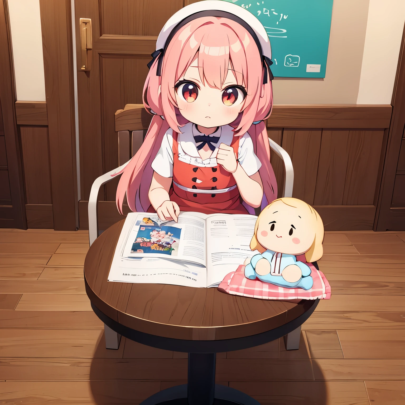 Anime girl sitting at a table with a doll and an orange、small loli girl、splash art anime loli、Cute girl anime visual、small curvaceous 、in a dress、cute animeの女の子、cute anime、、anime moe art style、official artワーク、official art、cute art style、zerochan art、young anime girl
