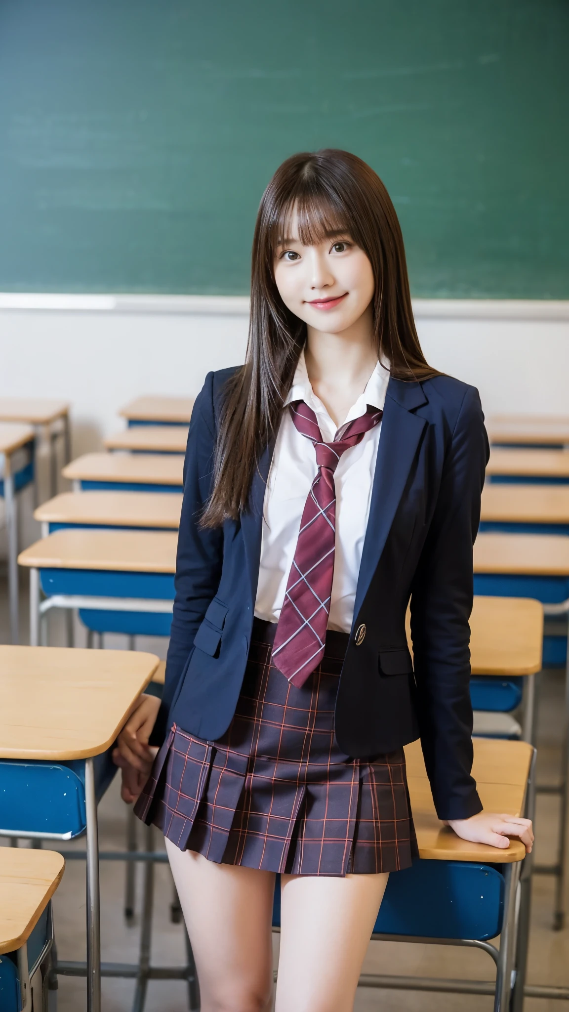 Stand in the classroom of school２girl girl,Red Tie Uniform,Dark Blue Closed Blazer,blue plaid miniskirt,18-year-old,bangs,a little smile,thighs,knees,from below，random pose，pretty girl，slender girl，