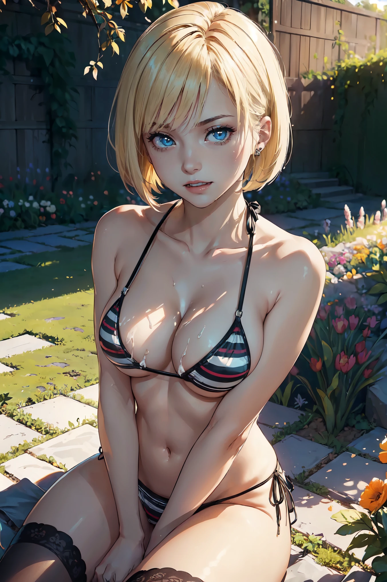 (The photo was taken in the backyard or garden:2). focused girl, she is facing the camera. She is sitting, (You can see her in the garden:1.3).
(She is wearing a bikini with very little fabric area.:1.6), and You can see her cleavage, This photo focuses only on the body, for role play, She also wears cyan panties, reveal her curves, she is slender, You can see her great shape, You can see her. (she is exposed to porn:2), (She is evil:2), has a wicked smile on her face.
clothes are very tight, and she has small breasts
(Her hair is blonde、It has colored stripes:1.3), (she wears her hair in a short bob:1.5), or short blonde hair, or short colorful hair.
(she has very nice hair:1.2), and her hands are perfect. The shadows in the photo have become softer. the girl is perfectly lit. The rest of the photo is perfect with a highly detailed background. This creates a sense of joy and intrigue. All the colors are bright and I'm satisfied just looking at them.. The face is very realistic, she is also very knowledgeable, she is attractive to look at. The general mood of the picture is sensual and attractive. The girl is the center of attention in the photo, And its beauty is undeniable. Beautiful settings and dramatic colors create a sense of hypnosis and excitement. This photo is a perfect example of professional film photography. well lit, well-proportioned, and the theme is really great. It is sure to attract everyone's attention, who will see it. You can put decorations on her hair.. anything, as a result, The photos will be combined?, It's sure to be a stunning and memorable image.