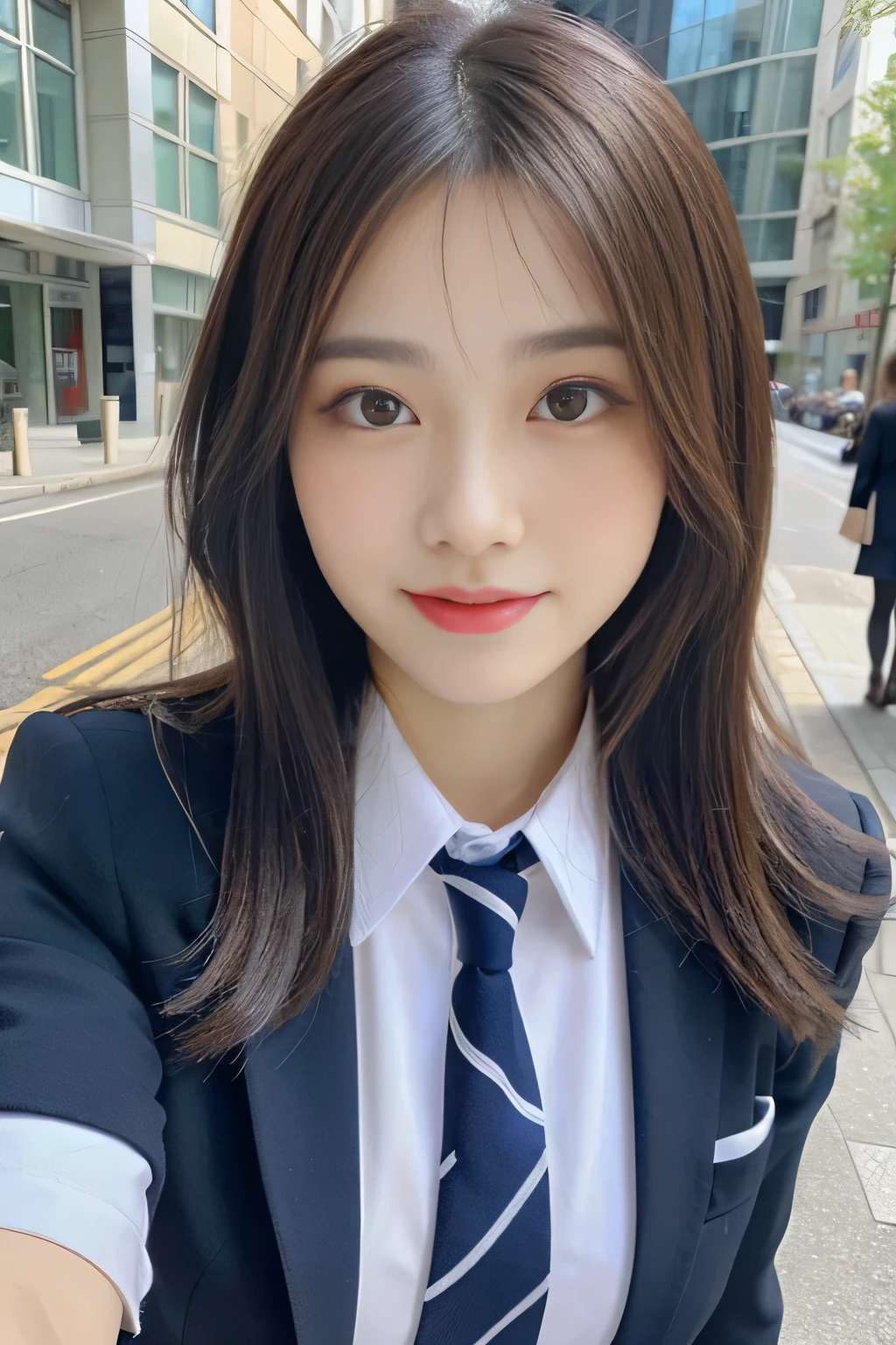 Angelique is a very beautiful and cute girl.,
beautiful and detailed eyes,
detailed double eyelids,
(Big eyes:1.3),long eyelashes,
See-through bang,
(beautiful detailed face and eyes:1.4),
small nose,
small mouth,
beautiful long hair,
Smile happily with visible teeth,
(highest quality:1.2),
RAW photo,
High resolution,
perfect details,
professional photography, full body shot,professional lighting,BREAK has big round breasts、school uniform、tie、tie a ribbon、blazer、short skirt,walk,beautiful feet, in the city,brown hair,