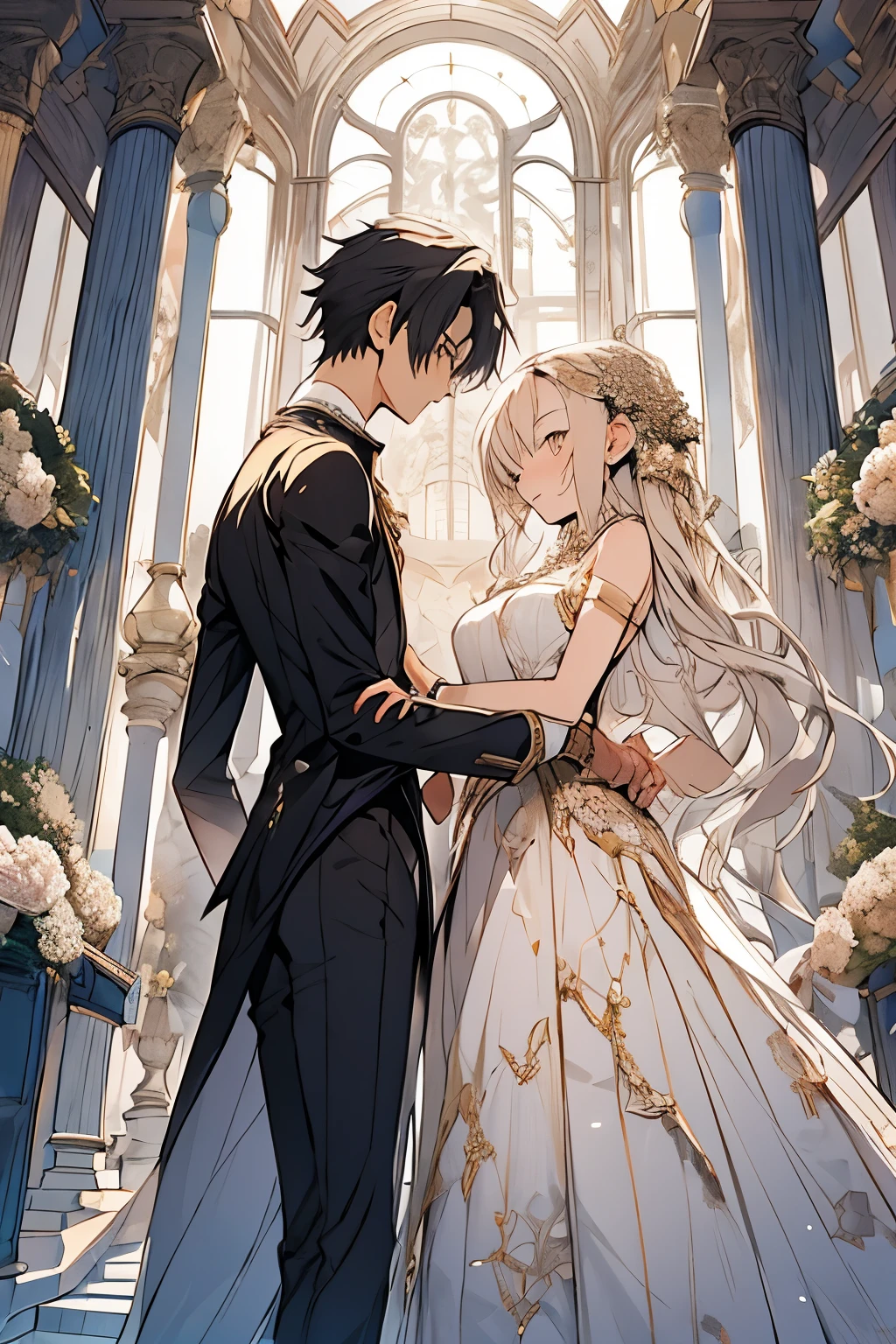 1 couple,1 boy,1 girl,20-year-old,Girl manga style illustration,Luxurious atmosphere,romance,fantasy,beautiful,romantic