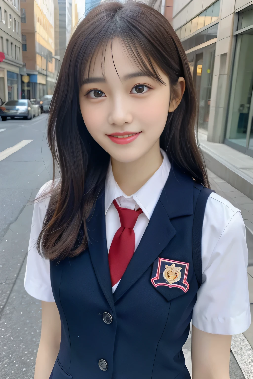 Angelique is a very beautiful and cute girl.,
beautiful and detailed eyes,
detailed double eyelids,
(Big eyes:1.3),long eyelashes,
See-through bang,
(beautiful detailed face and eyes:1.4),
small nose,
small mouth,
beautiful long hair,
Smile happily with visible teeth,
(highest quality:1.2),
RAW photo,
High resolution,
perfect details,
professional photography, full body shot,professional lighting,BREAK has big round breasts、school uniform、tie、tie a ribbon、blazer、short skirt,walk,beautiful feet, in the city,brown hair,