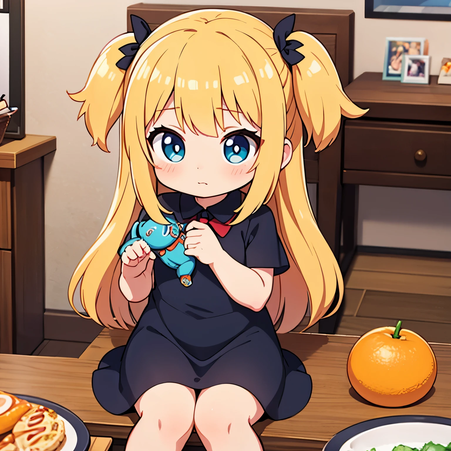 Anime girl sitting at a table with a doll and an orange、small loli girl、splash art anime loli、Cute girl anime visual、small curvaceous 、in a dress、cute animeの女の子、cute anime、、anime moe art style、official artワーク、official art、cute art style、zerochan art、young anime girl