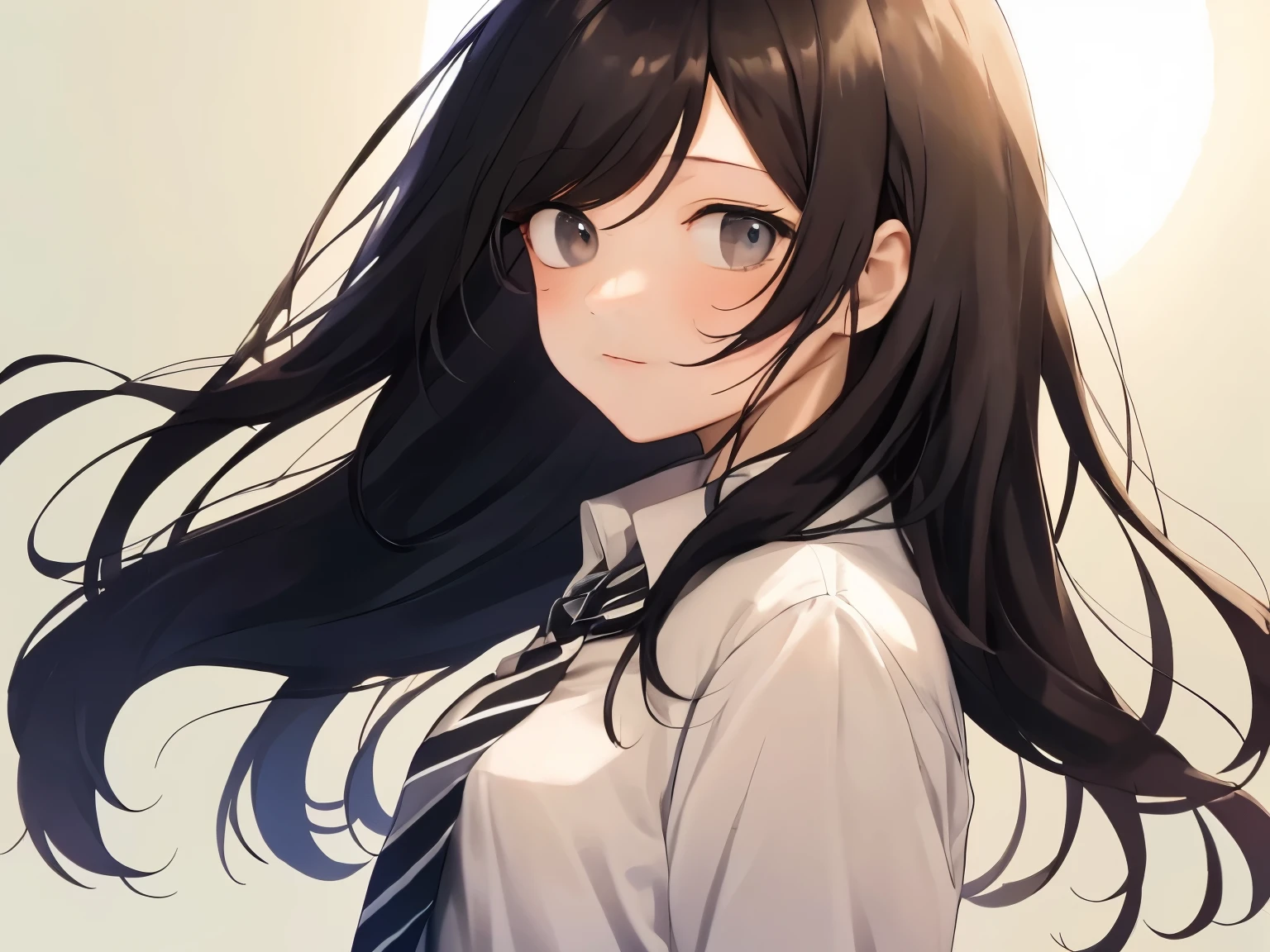  a slightly fat woman,Medium long black hair,bangs,A white dress shirt with a black and white striped tie,small breasts,black eyes,morning sun background,Calm and gentle eyes,Drooping eyes,calm face.Upper body,slightly turned to the side