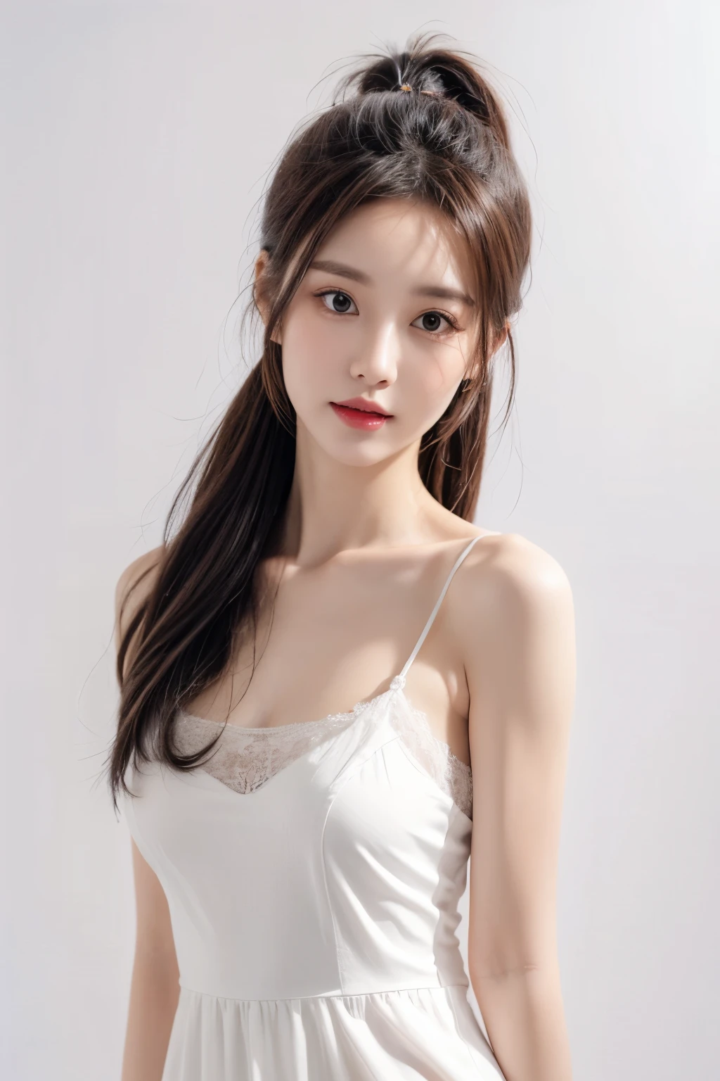 A slender woman, red glossy lips,(Extremely detailed beautiful face)), (best quality), (Super detailed), (Extremely detailed CG unified 8k wallpaper),original photo, (standing), (pure white background:1.5),(A little cleavage),(average light source),(Long black ponytail),(studio Light),(非常average light source),(Frontal fill light),(Frontal light source),Petite and delicate figure,(String Camisole Dress)