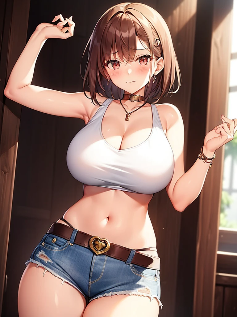 ((blush:1.2)), endure the pain, 1 girl, (alone:1.3), ((raise your arms)), hairpin, short hair, ((white shirt)), huge breasts, Naughty big breasts, ((long slender legs)), ((thin waist)), ((shorts that cut into the crotch)), cowboy shot, thick thighs, denim shorts, Beautiful woman, pretty face, Close your legs, sexy pose